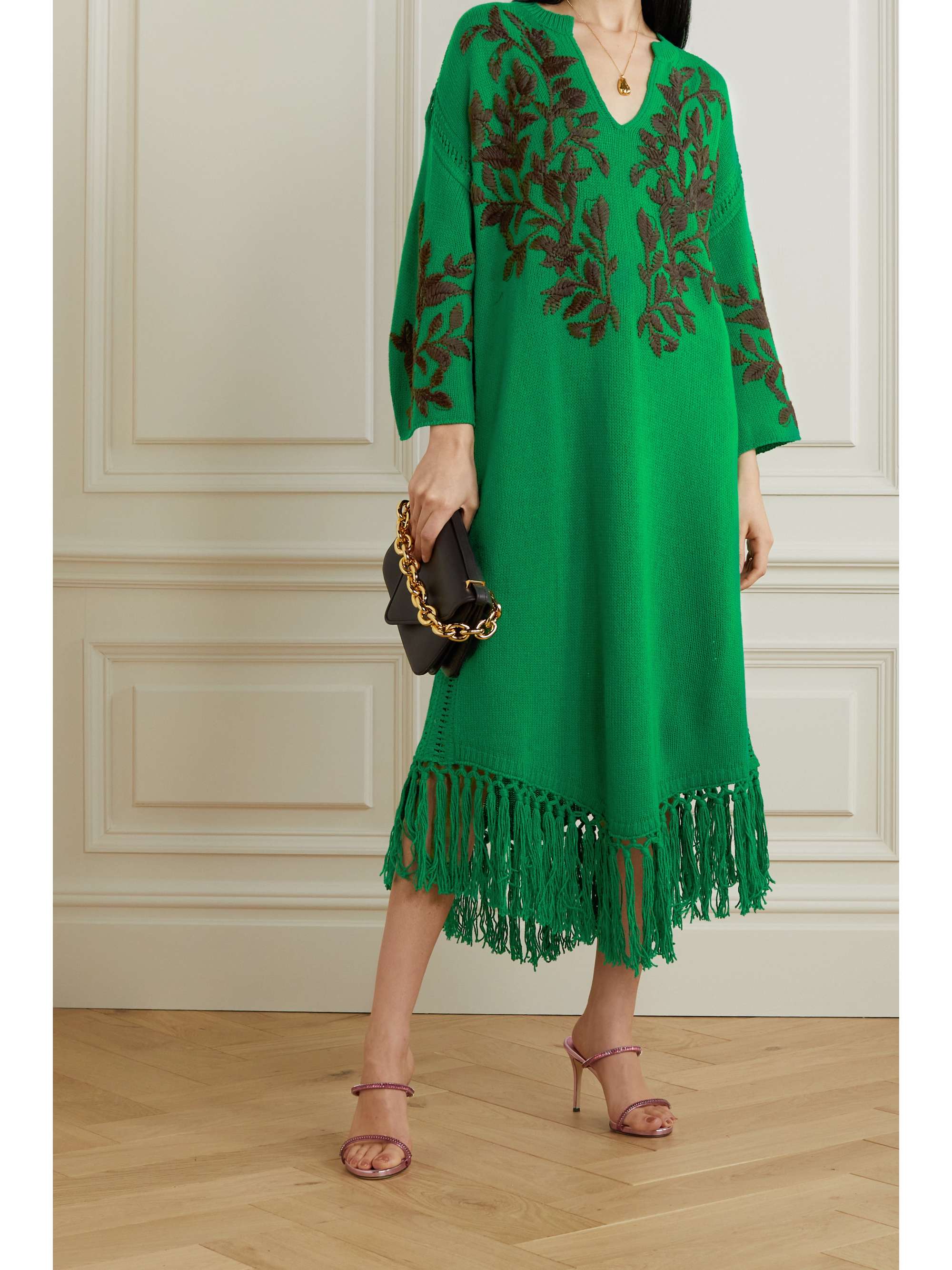VALENTINO Fringed embroidered wool midi dress
