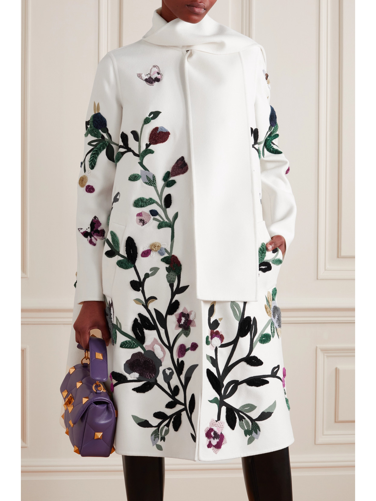 VALENTINO EMBROIDERED EMBELLISHED WOOL AND CASHMERE-BLEND FELT COAT