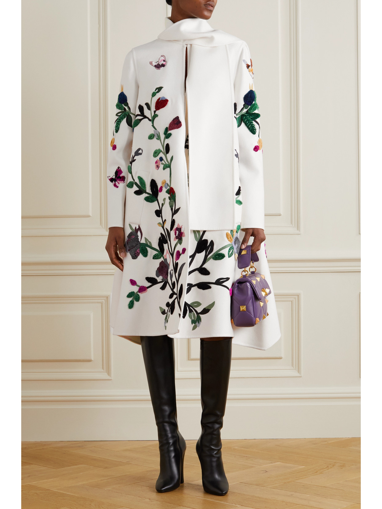 VALENTINO EMBROIDERED EMBELLISHED WOOL AND CASHMERE-BLEND FELT COAT