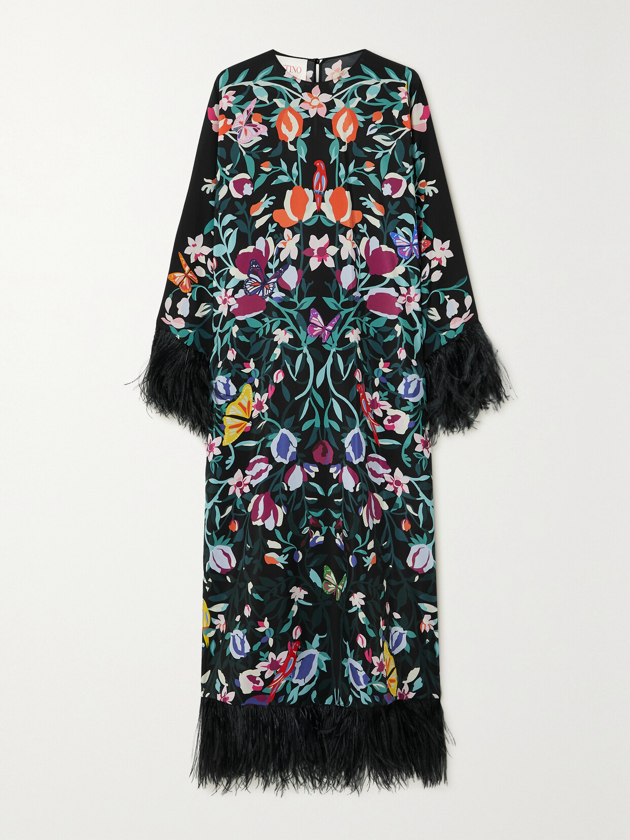 Valentino Garavani Feather-trimmed Printed Silk-georgette Maxi Dress - Black