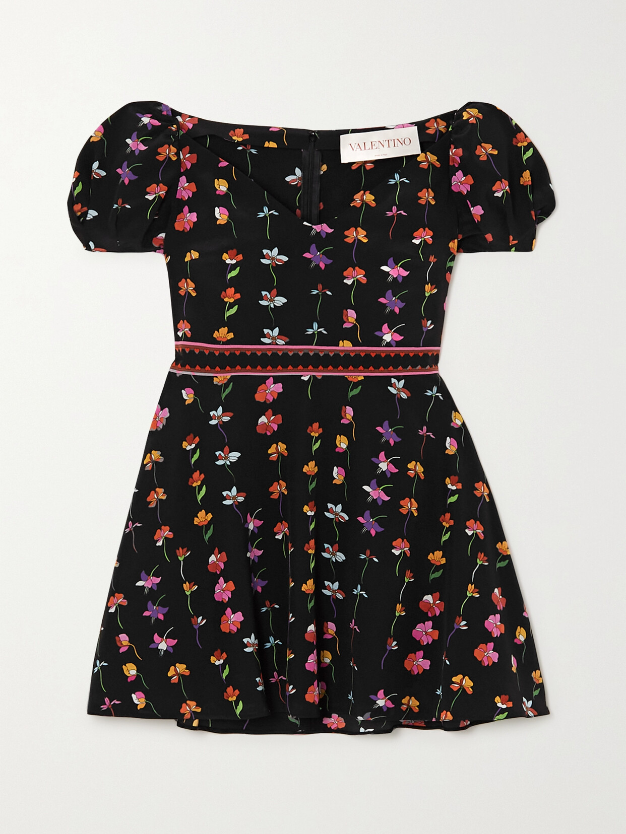 Valentino Floral-print Wool-blend Crepe De Chine Mini Dress In Black