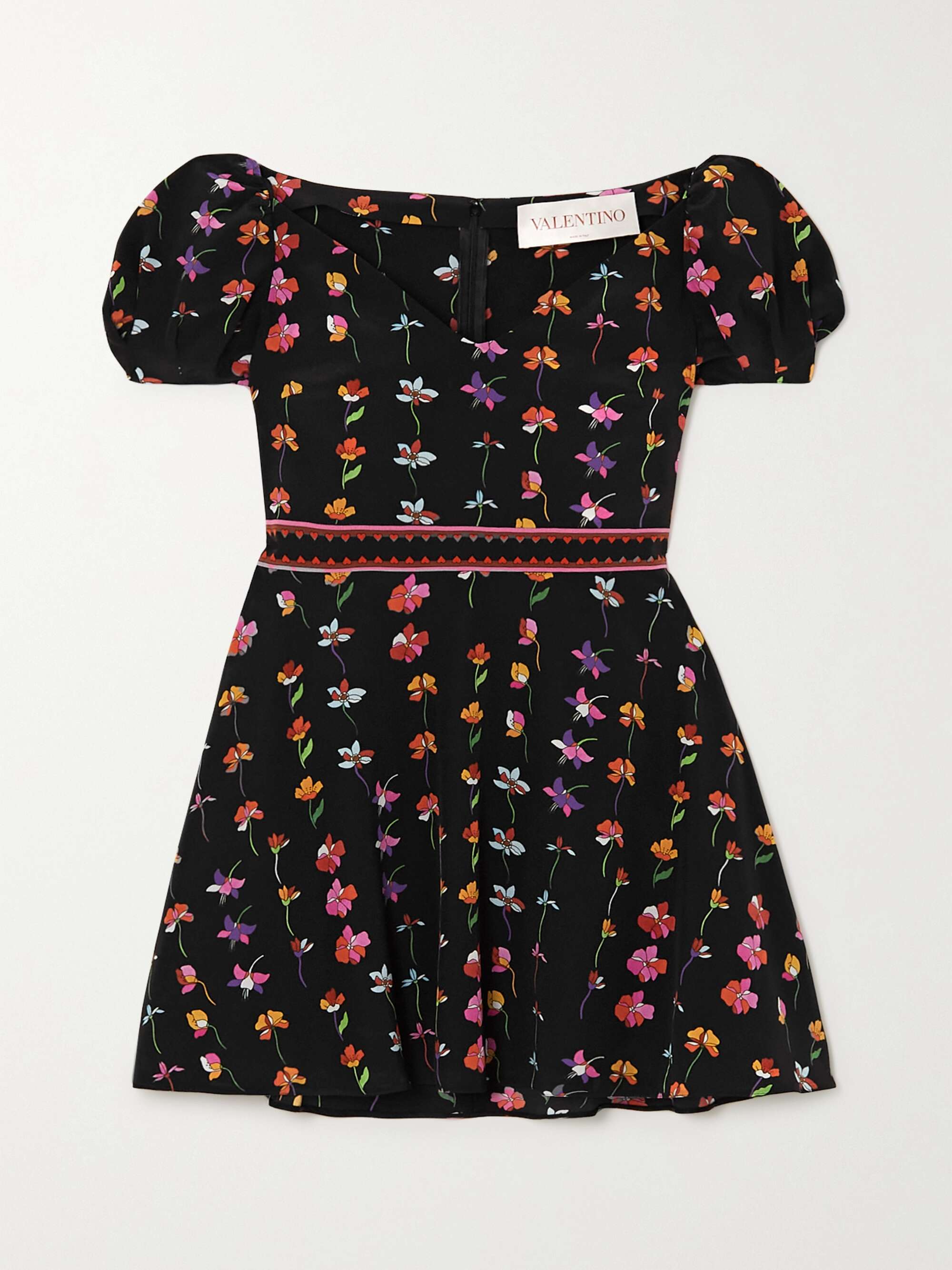 Black Floral-print wool-blend crepe de chine mini dress | VALENTINO ...