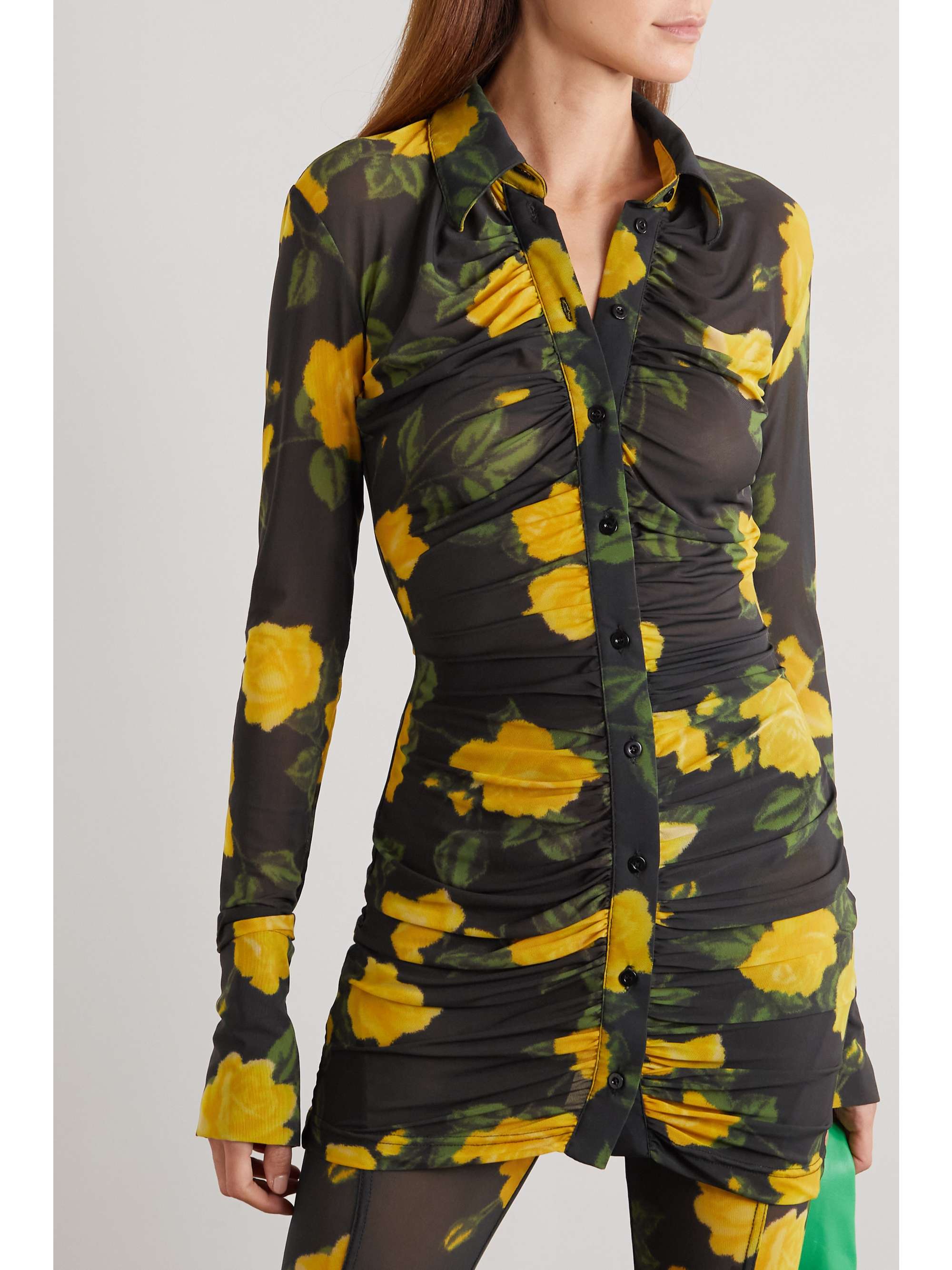 RICHARD QUINN Ruched floral-print stretch-mesh shirt