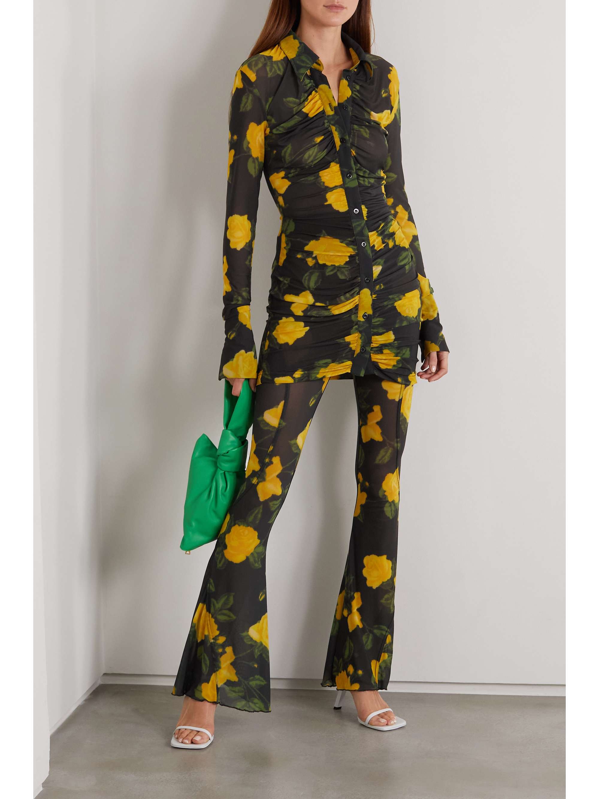 RICHARD QUINN Ruched floral-print stretch-mesh shirt