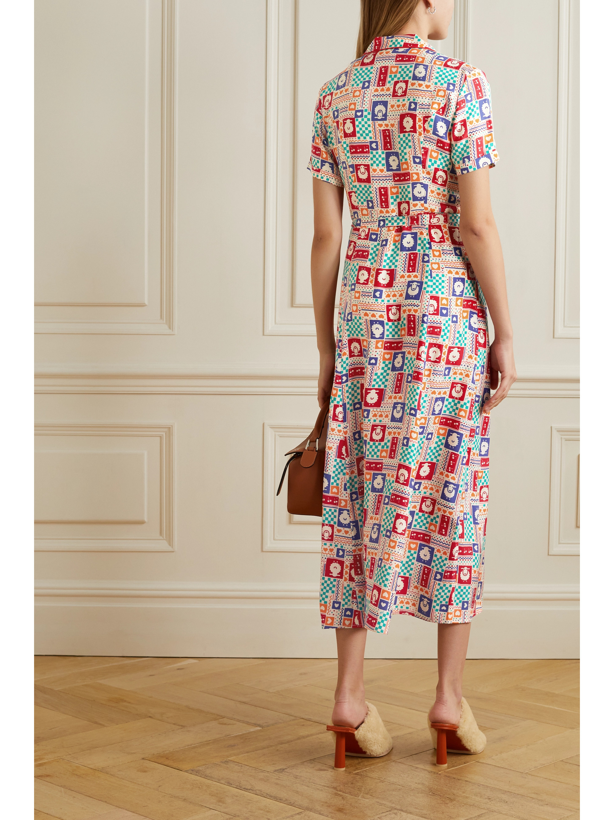 HVN Long Maria printed silk crepe de chine midi shirt dress thumbnail