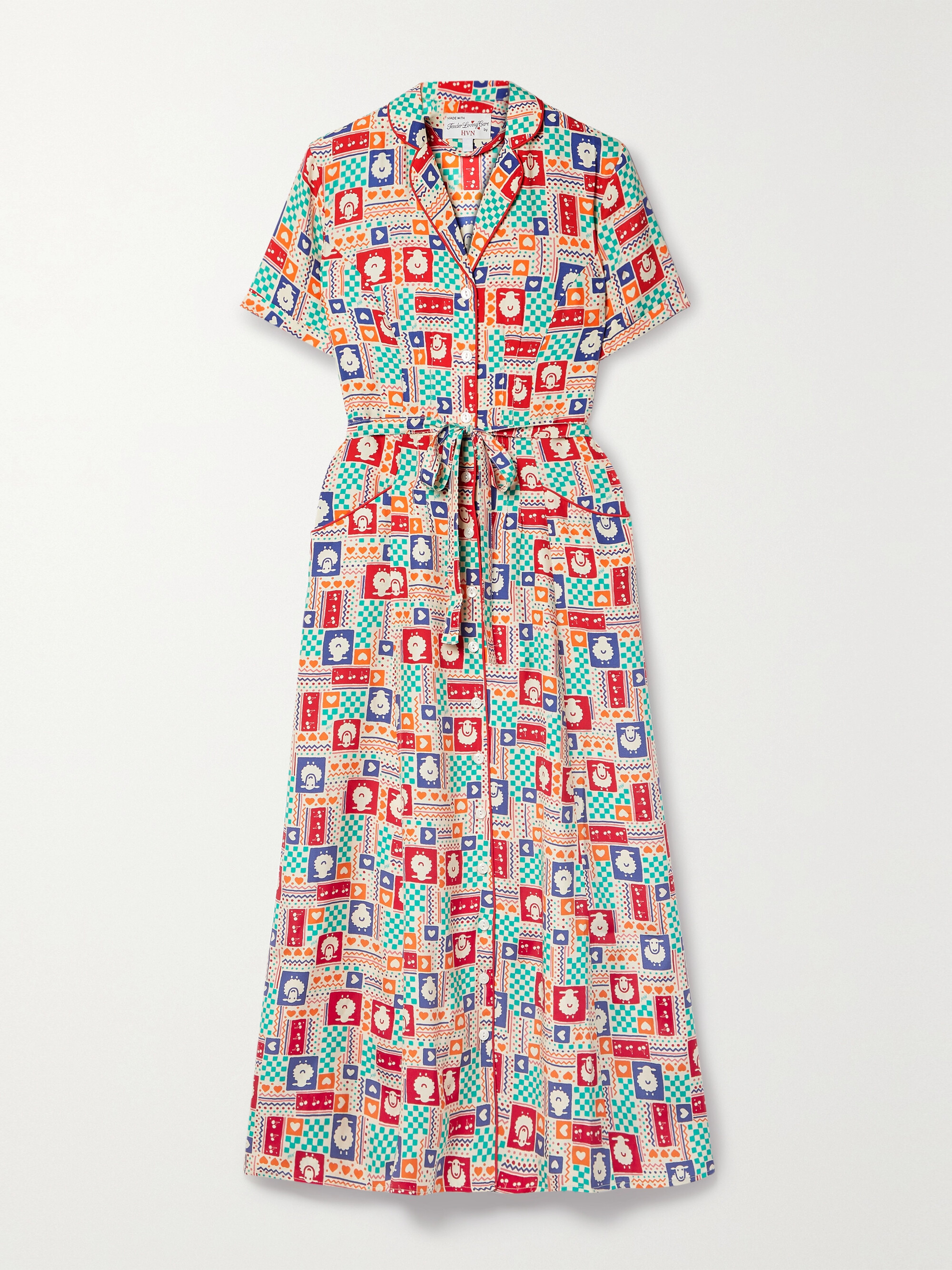 HVN Long Maria printed silk crepe de chine midi shirt dress thumbnail