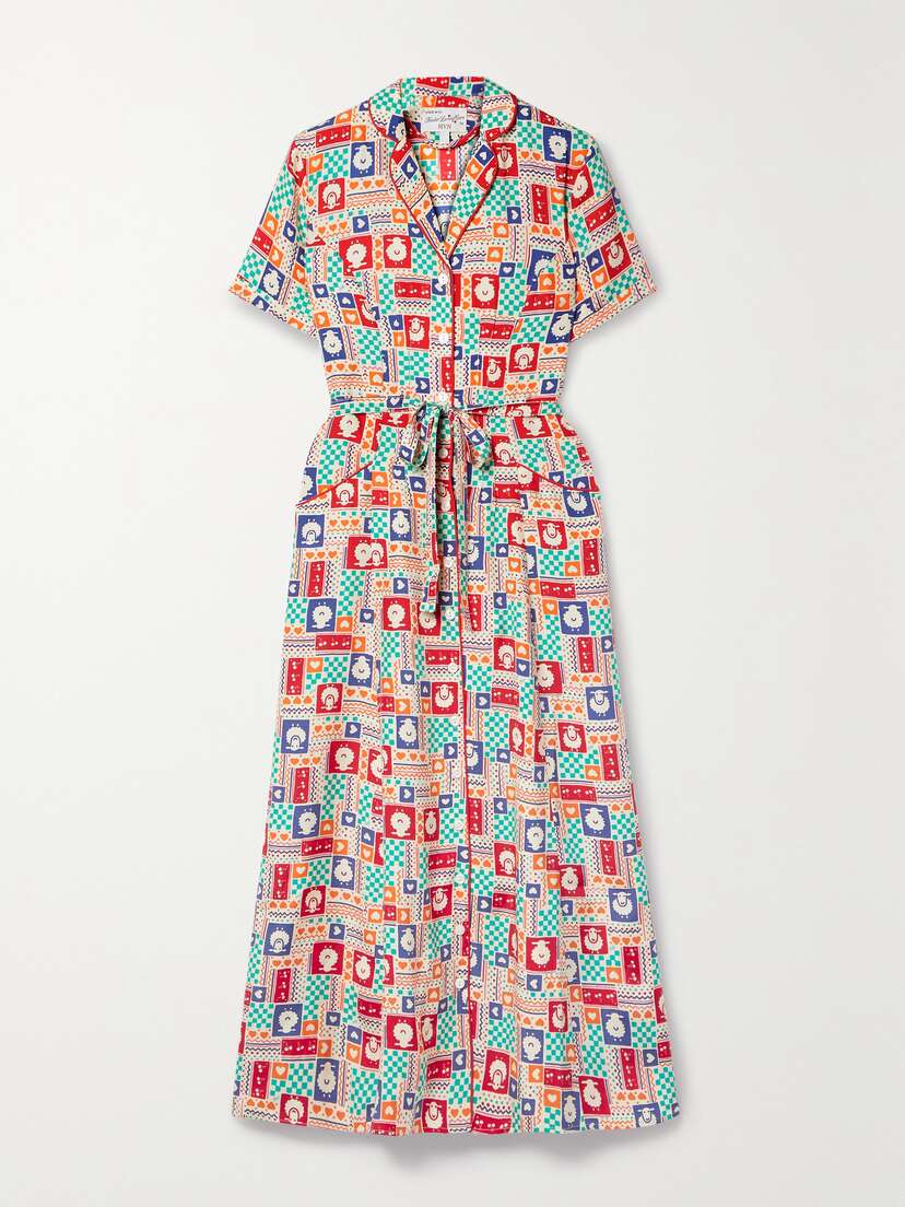 HVN Long Maria Printed Silk Crepe De Chine Midi Shirt Dress
