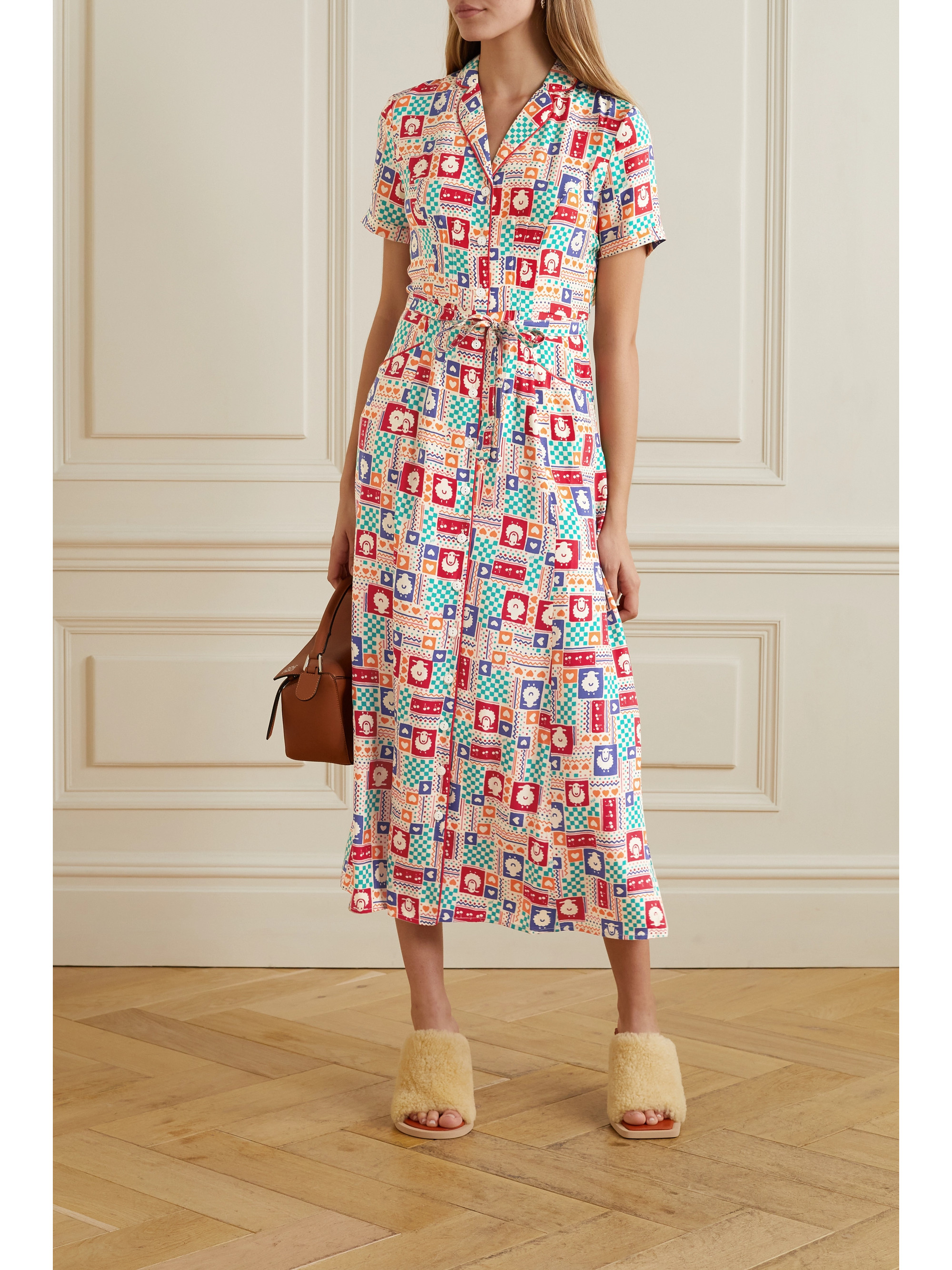 HVN Long Maria printed silk crepe de chine midi shirt dress