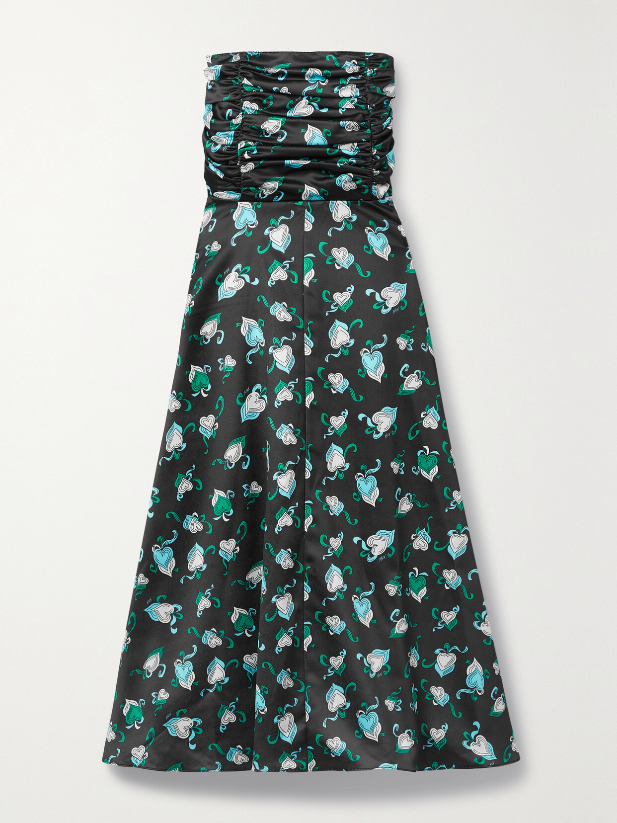 HVN KARLA STRAPLESS RUCHED PRINTED SATIN MIDI DRESS