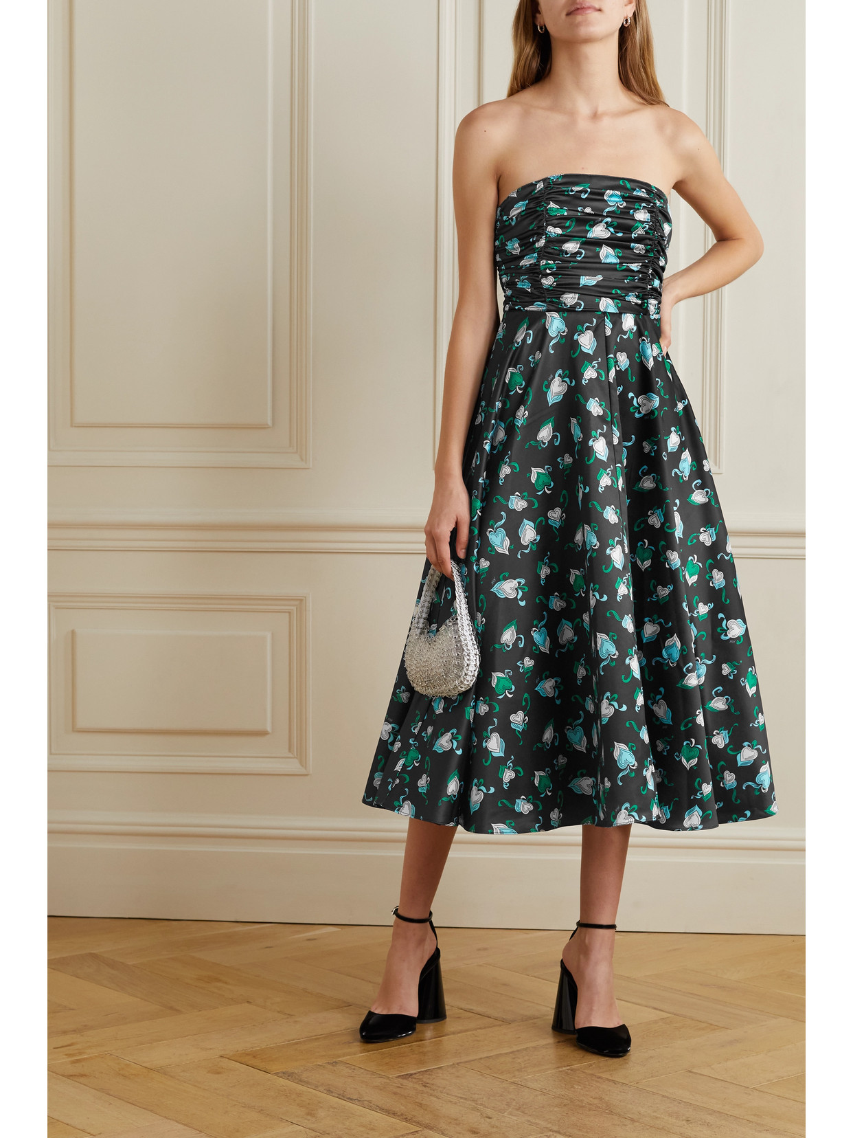HVN KARLA STRAPLESS RUCHED PRINTED SATIN MIDI DRESS