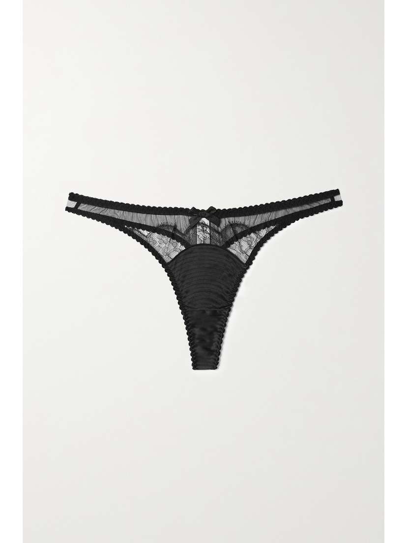 Agent Provocateur Helene Leavers Lace-trimmed Silk-blend Satin And Tulle Thong