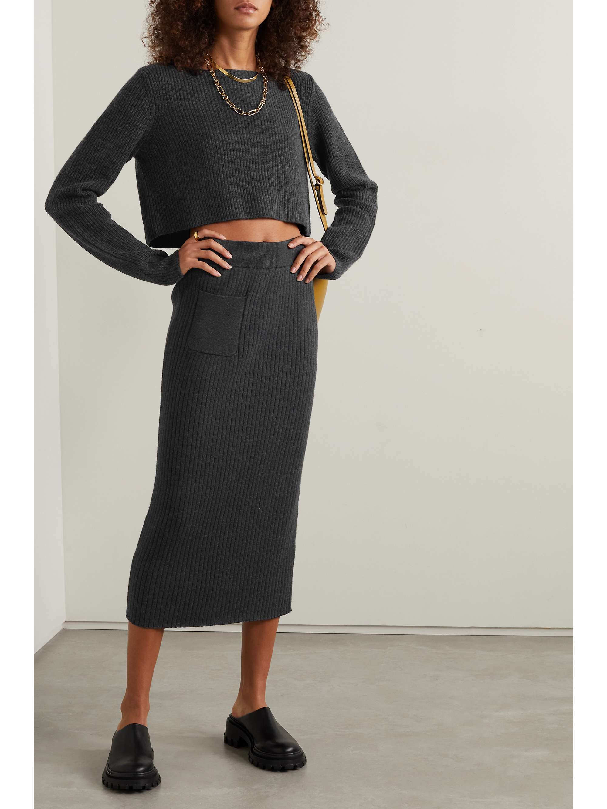 SKIN Morgan ribbed cotton-blend midi skirt