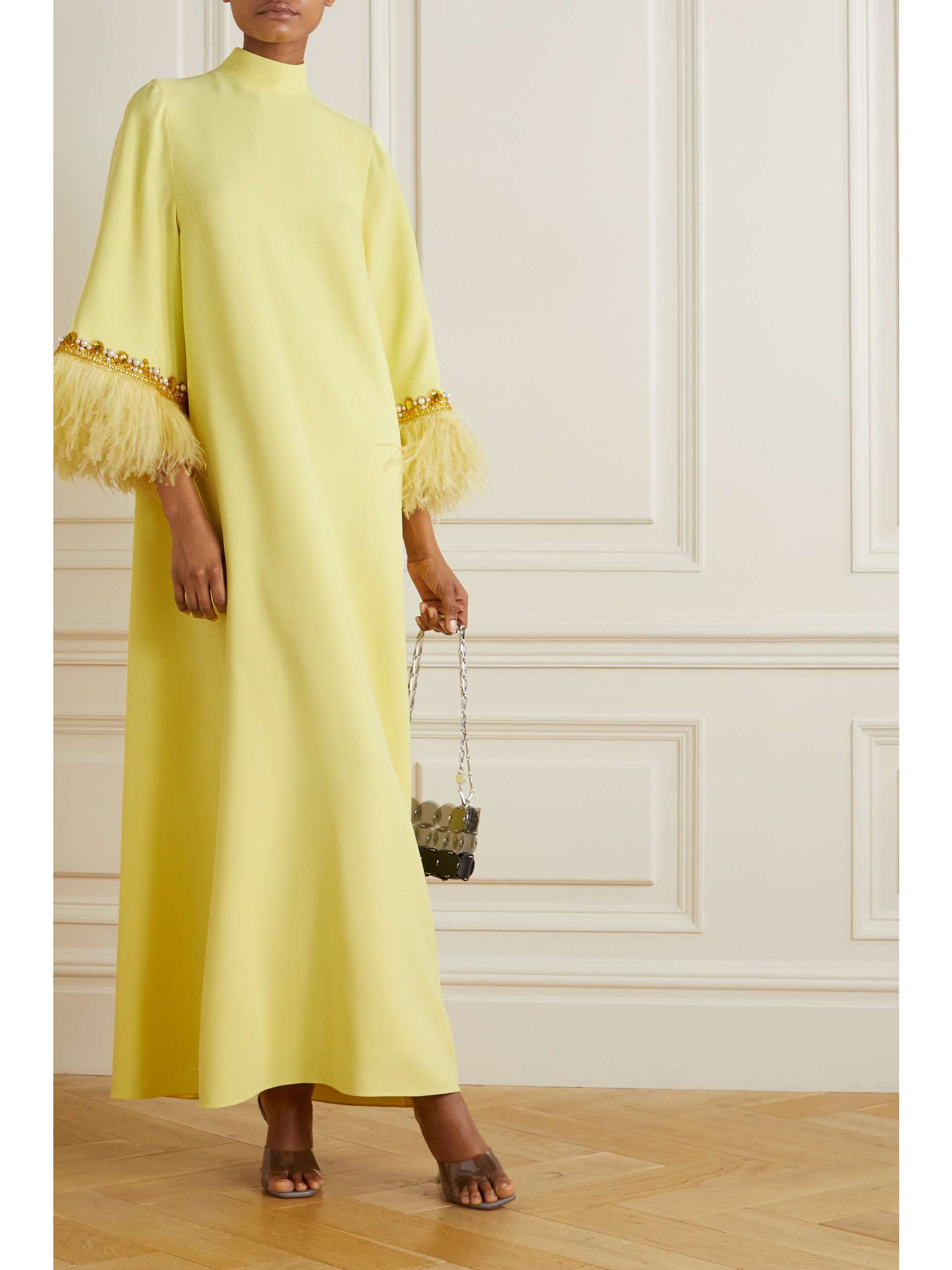 Yellow Feather-trimmed embellished 
