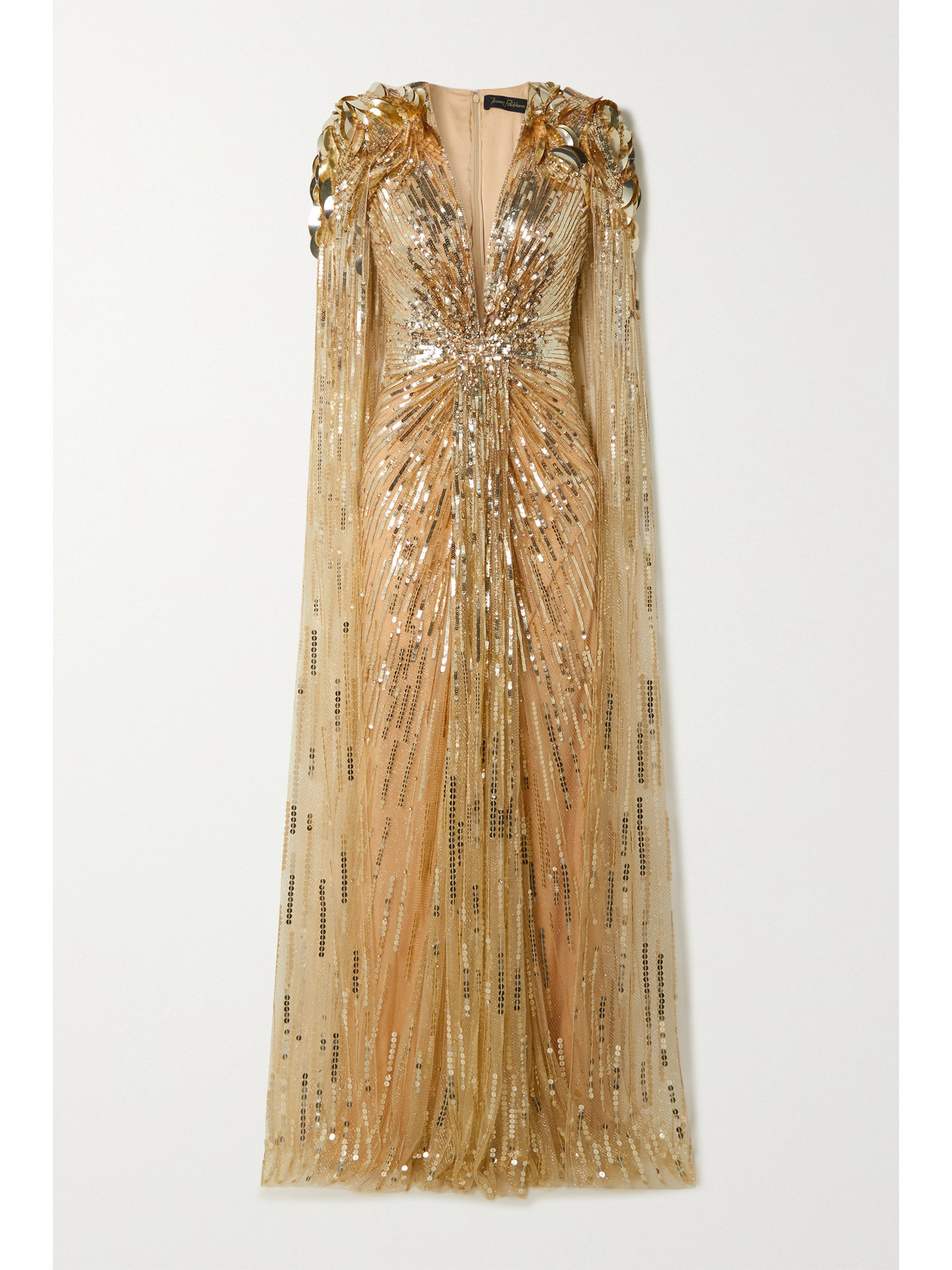 JENNY PACKHAM + JAMES BOND GOLDFINGER CAPE-EFFECT EMBELLISHED GLITTERED TULLE GOWN