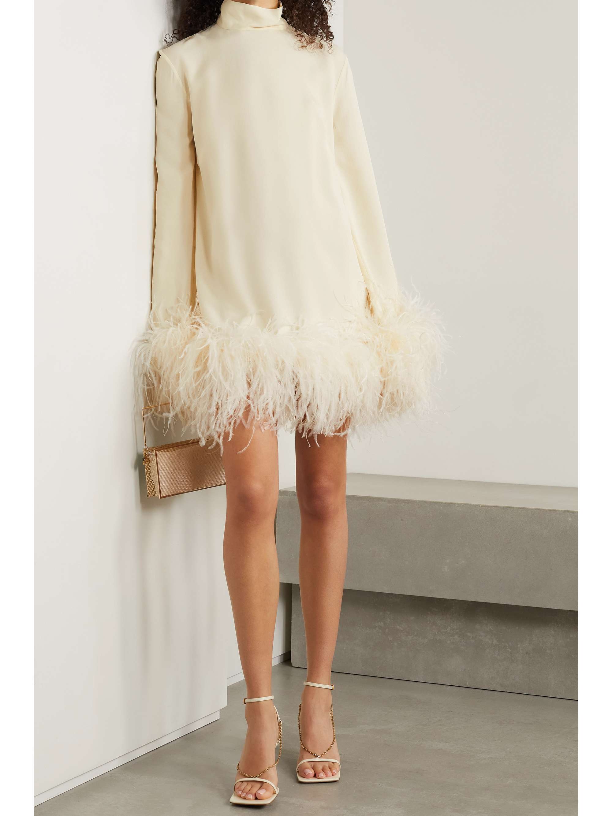 Ivory Gina feather-trimmed crepe mini ...