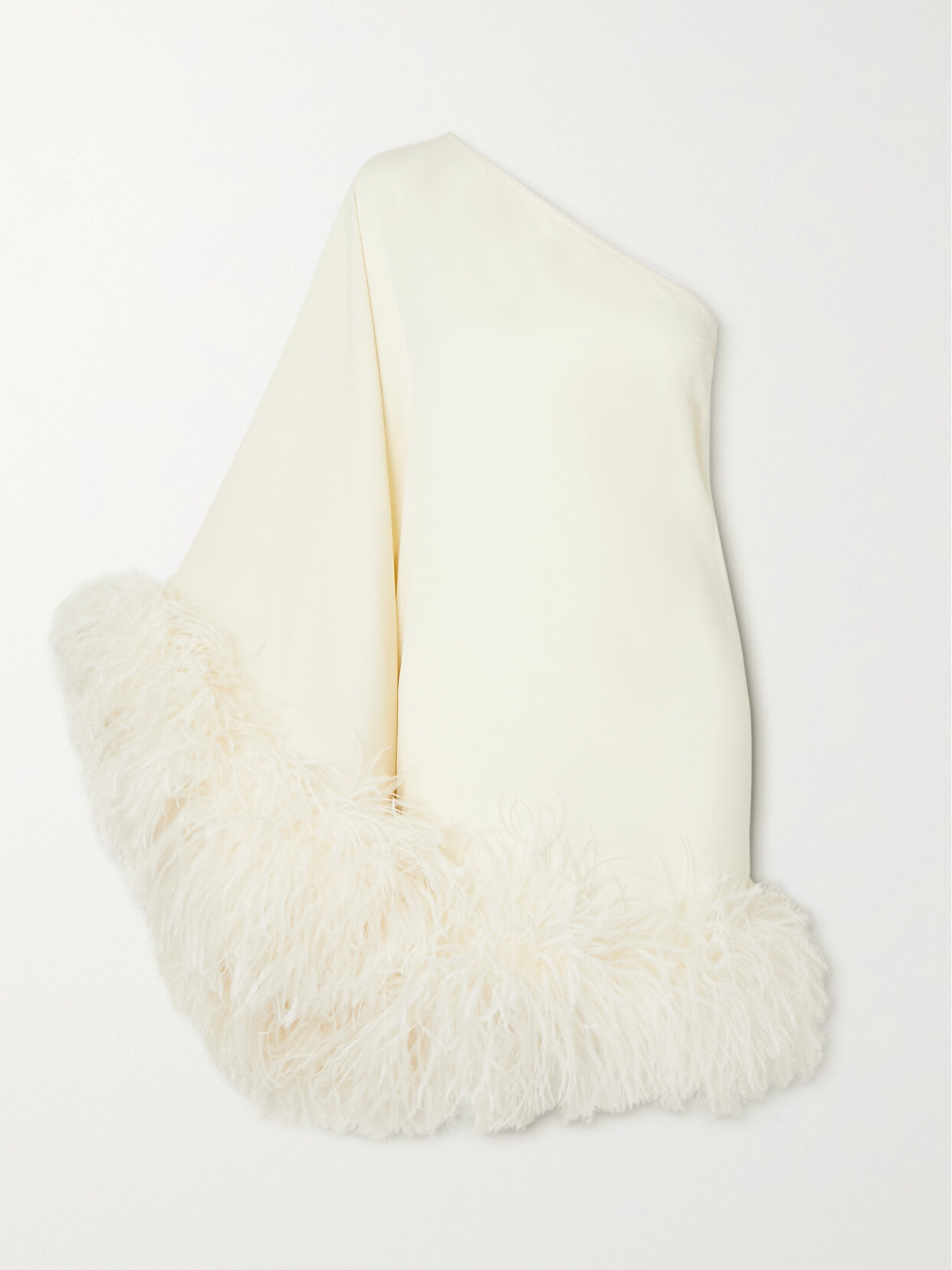 Taller Marmo Piccolo Ubud One-shoulder Feather-trimmed Crepe Mini Dress In Ivory