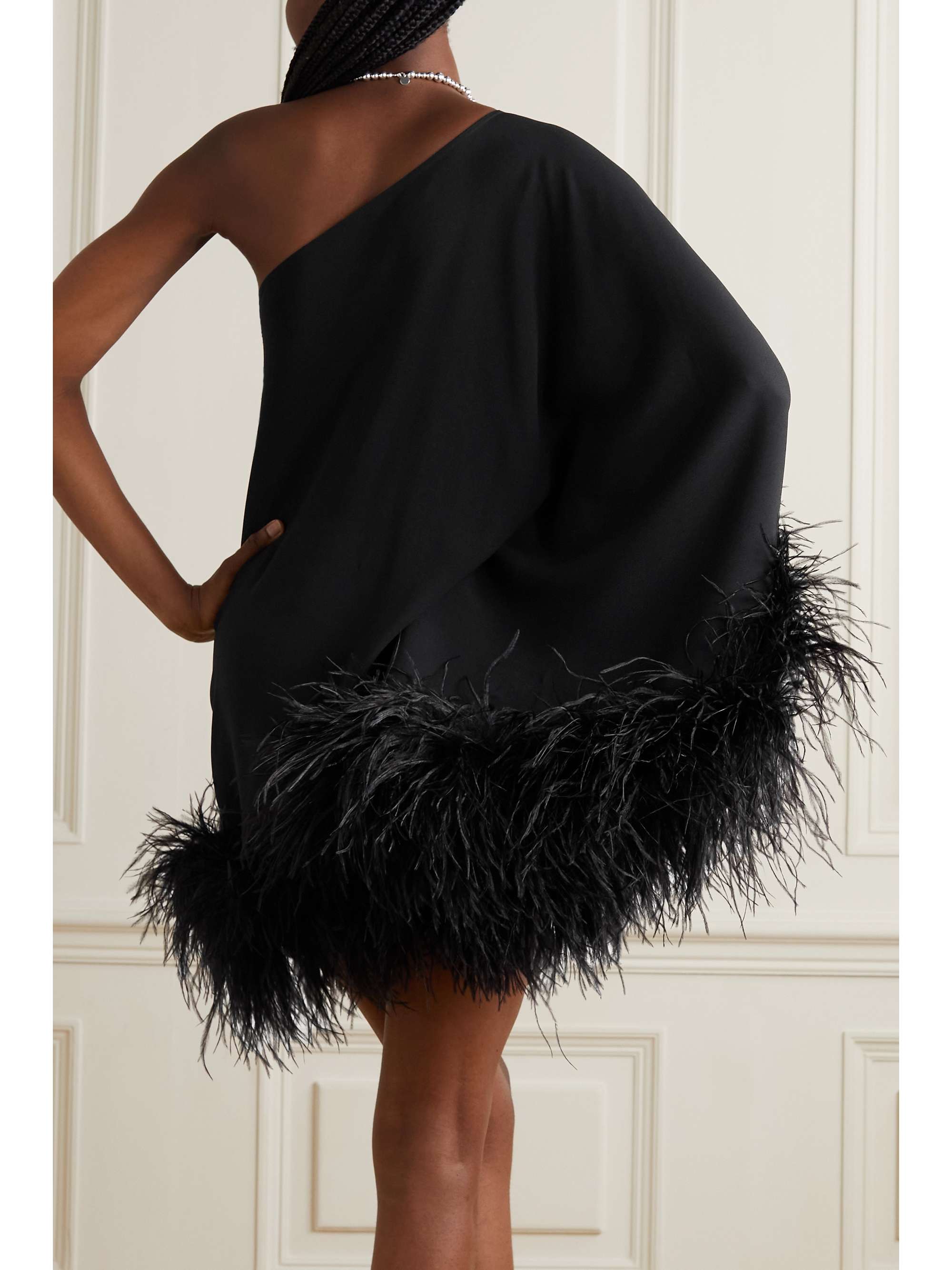 Black Piccolo Ubud one-sleeve feather-trimmed crepe mini dress | TALLER ...