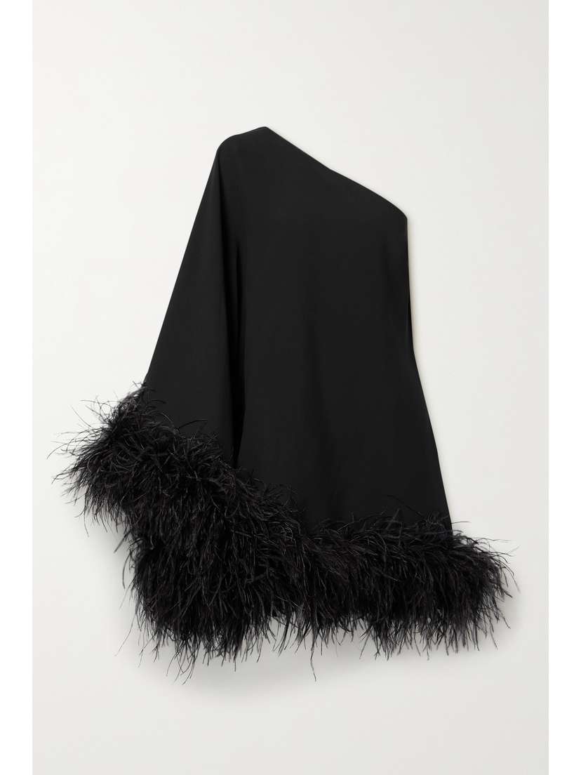 Taller Marmo + Net Sustain Piccolo Ubud One-sleeve Feather-trimmed Crepe Mini Dress