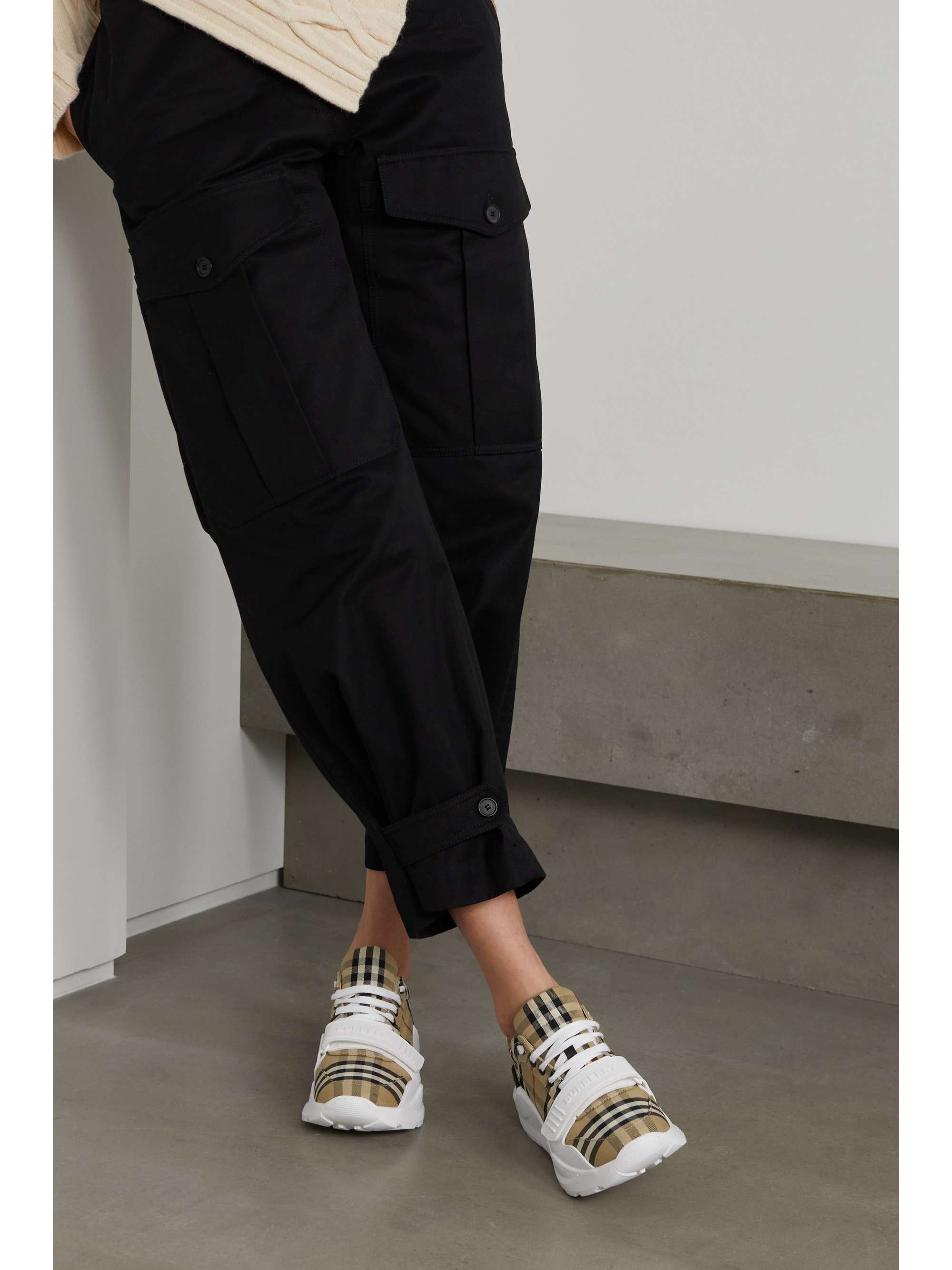 BURBERRY Leather-trimmed checked canvas sneakers