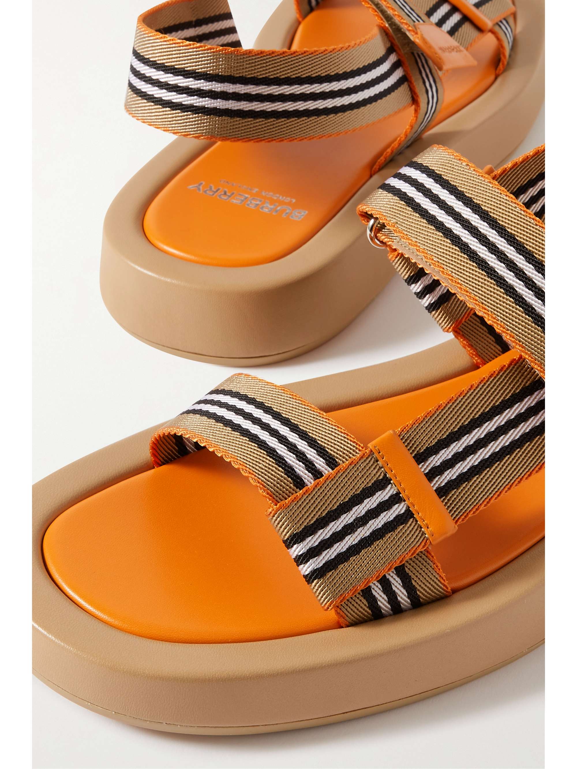 BURBERRY Leather-trimmed striped canvas slingback sandals