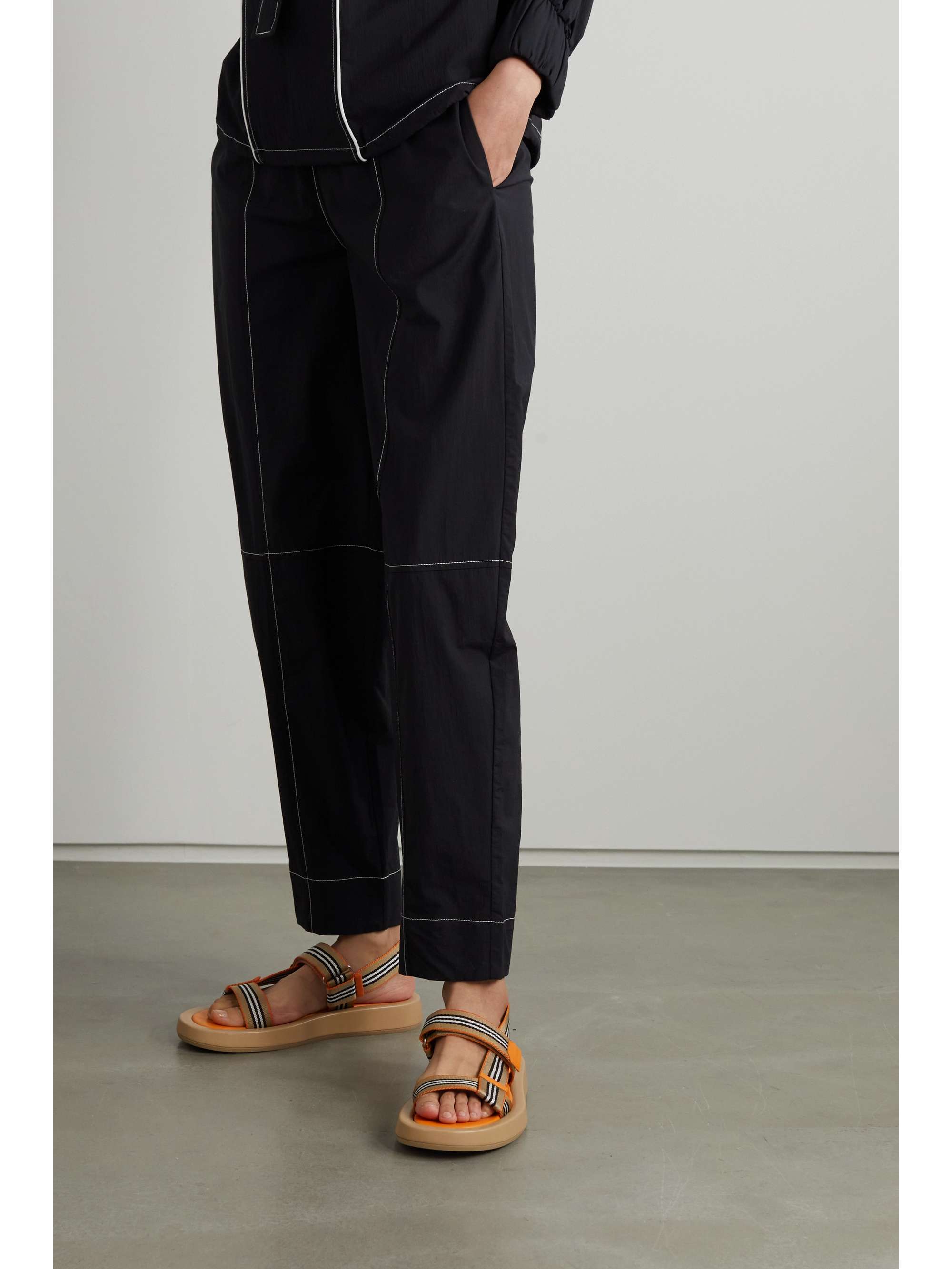 BURBERRY Leather-trimmed striped canvas slingback sandals