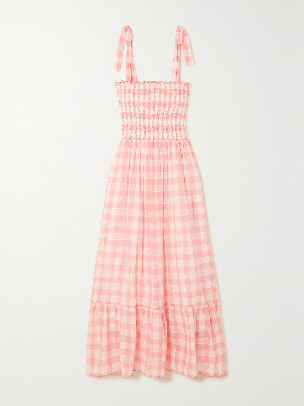 THE GREAT. - The Lagoon Smocked Gingham Linen And Cotton-blend Dress - Pink