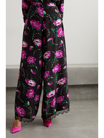 Rodarte Lace-trimmed floral-print silk crepe de chine wide-leg pants