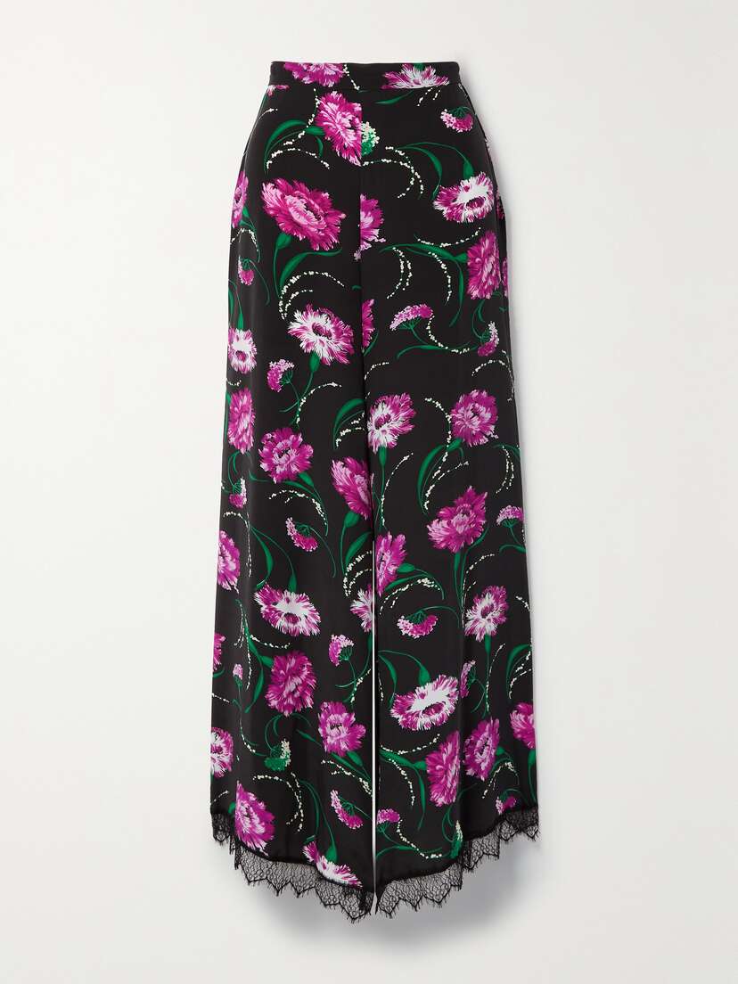 Rodarte Lace-trimmed Floral-print Silk Crepe De Chine Wide-leg Pants