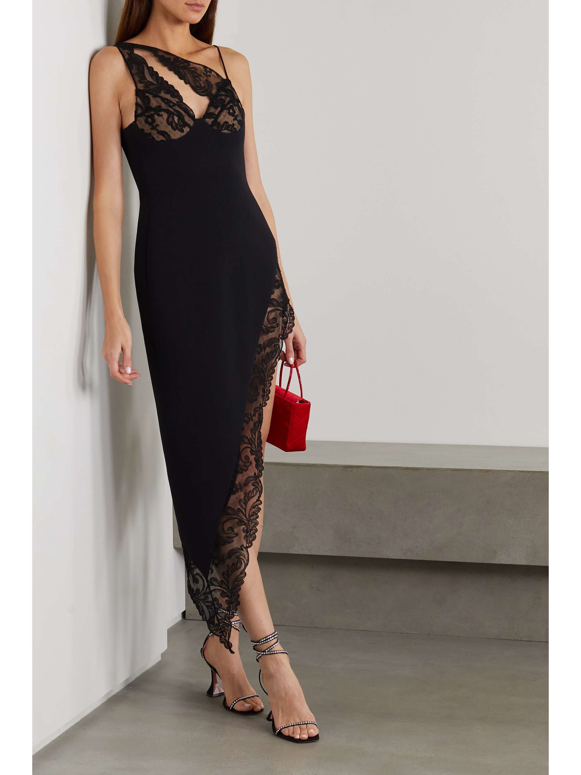 Black Asymmetric cutout lace-trimmed 