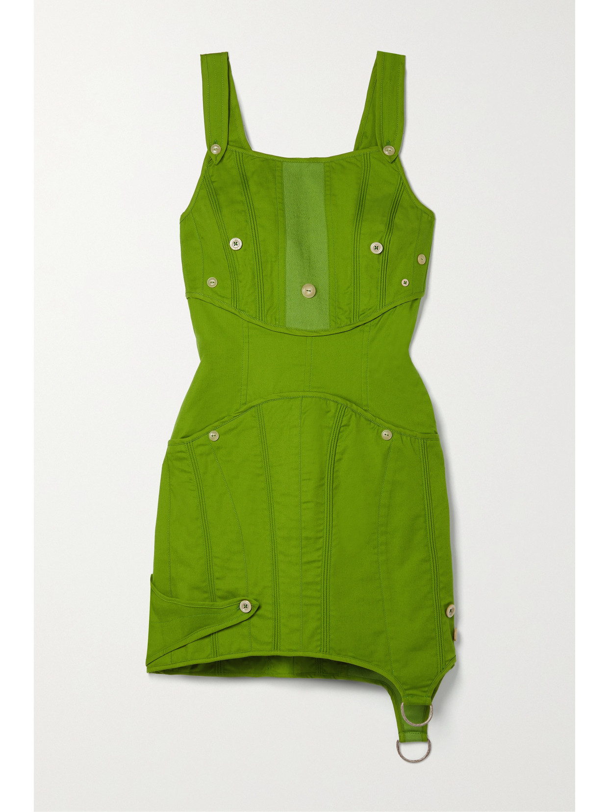 Acne Studios Cutout Button-embellished Cotton-blend Mini Dress In Bright Green