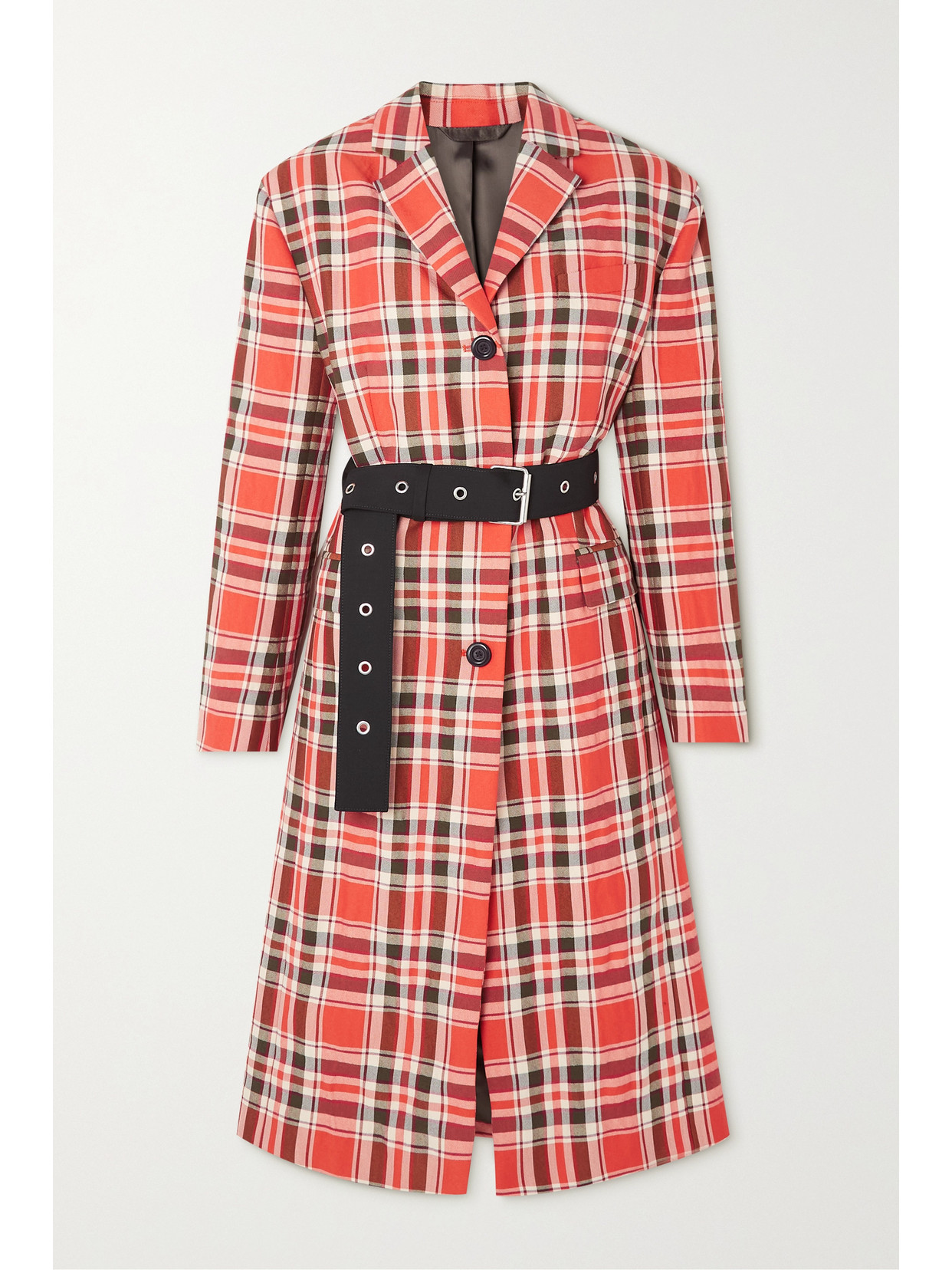 Acne Studios Belted Wide Shoulder Chequered Long Coat In Red
