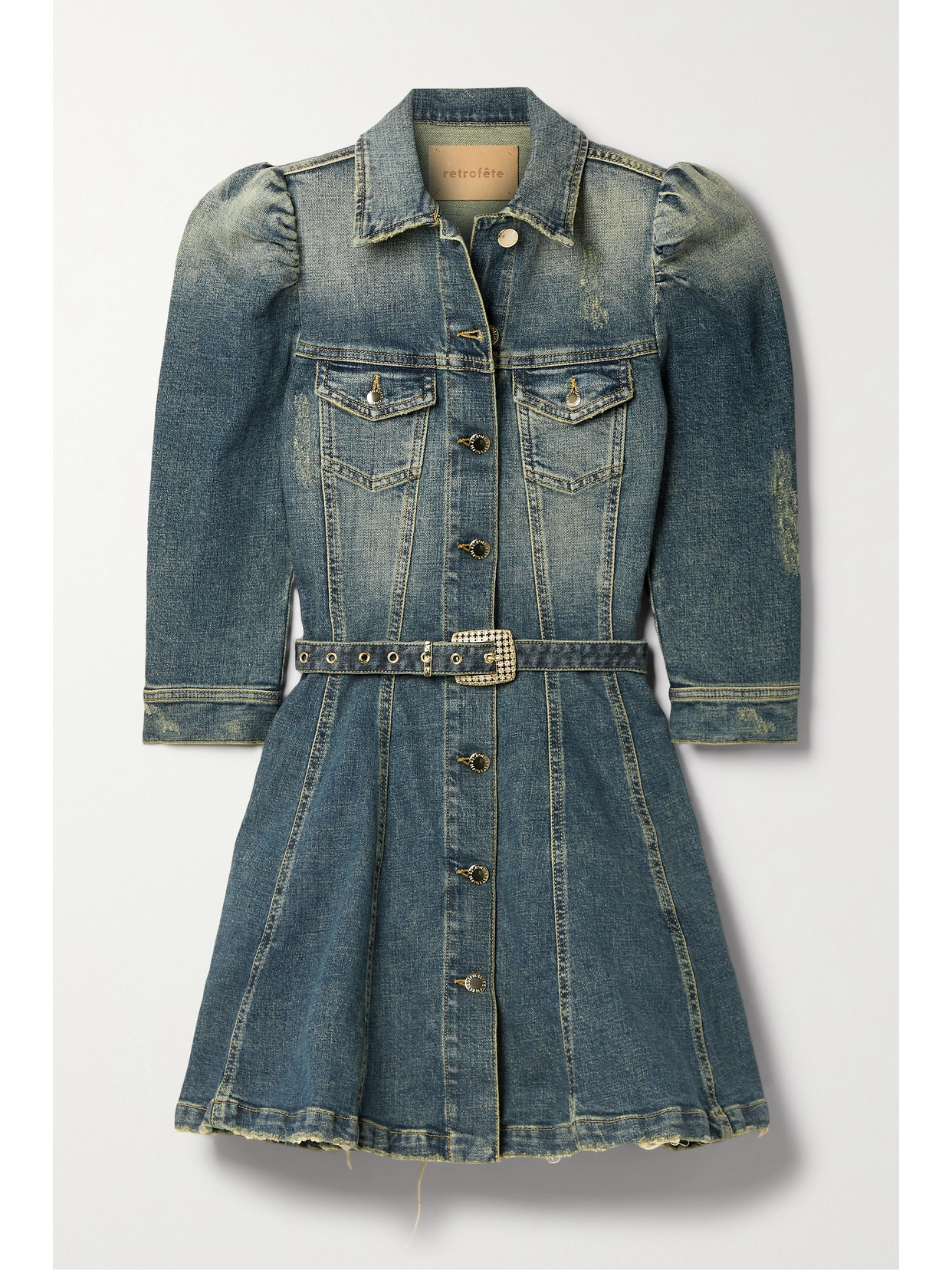RETROFÉTE CLARA BELTED DISTRESSED DENIM MINI SHIRT DRESS