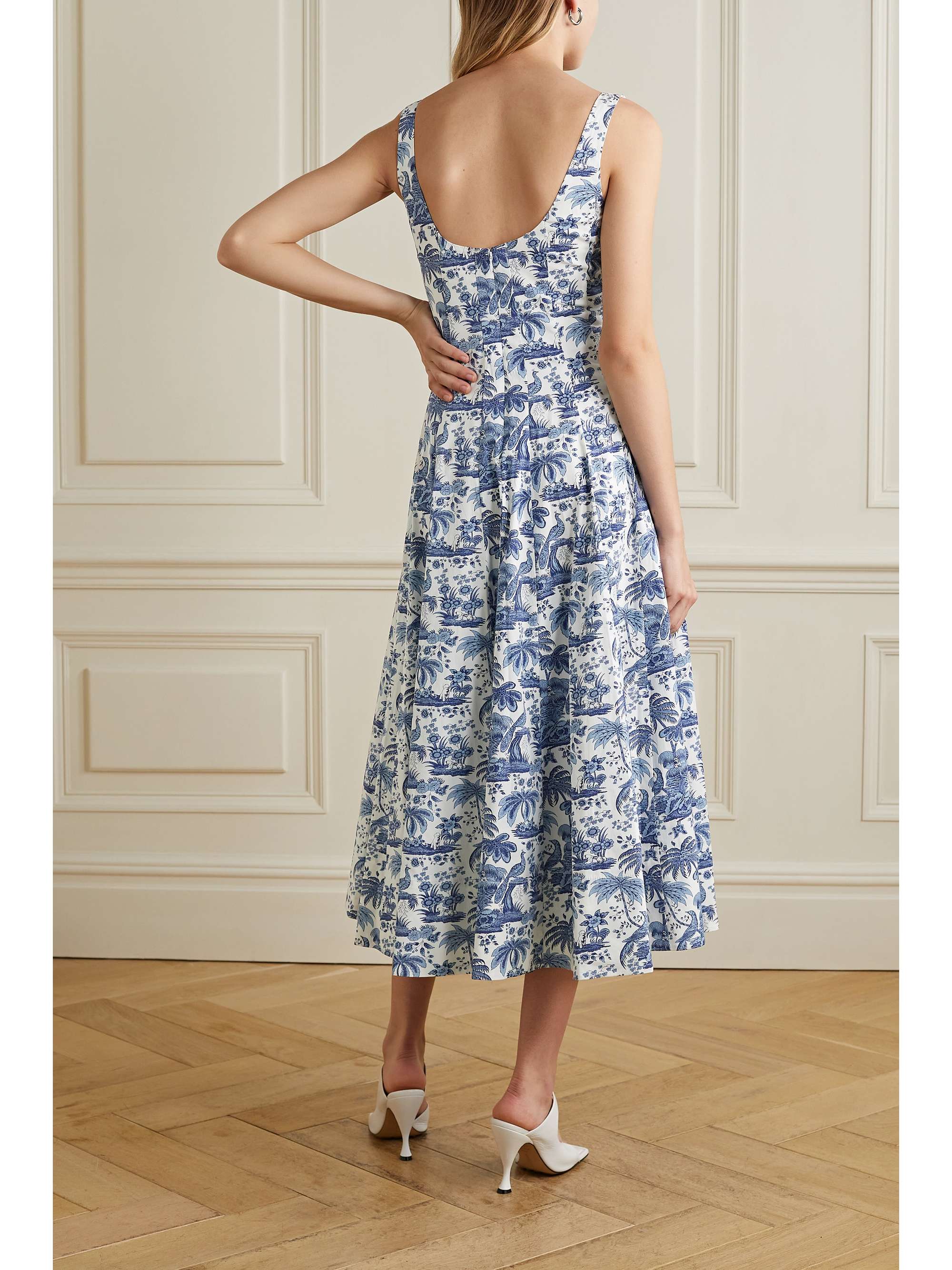 STAUD Wells pleated printed stretch-cotton poplin midi dress | NET-A-PORTER
