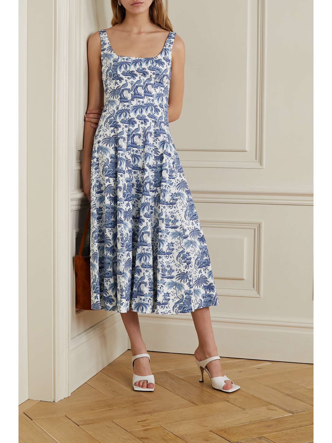 STAUD Wells pleated printed stretchcotton poplin midi dress NETAPORTER