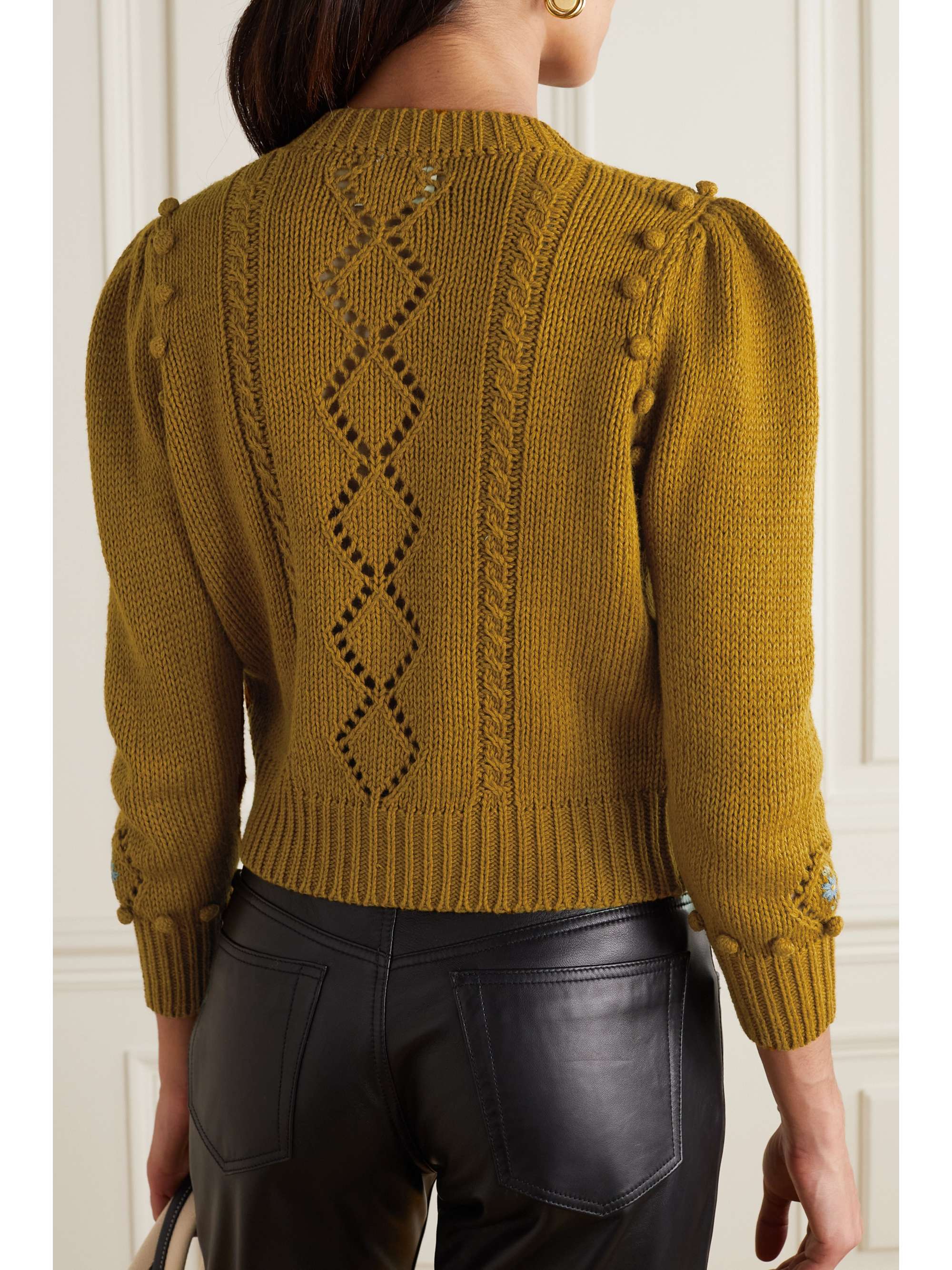 DÔEN + NET SUSTAIN Forget-Me-Not embroidered cable-knit organic cotton and wool-blend cardigan