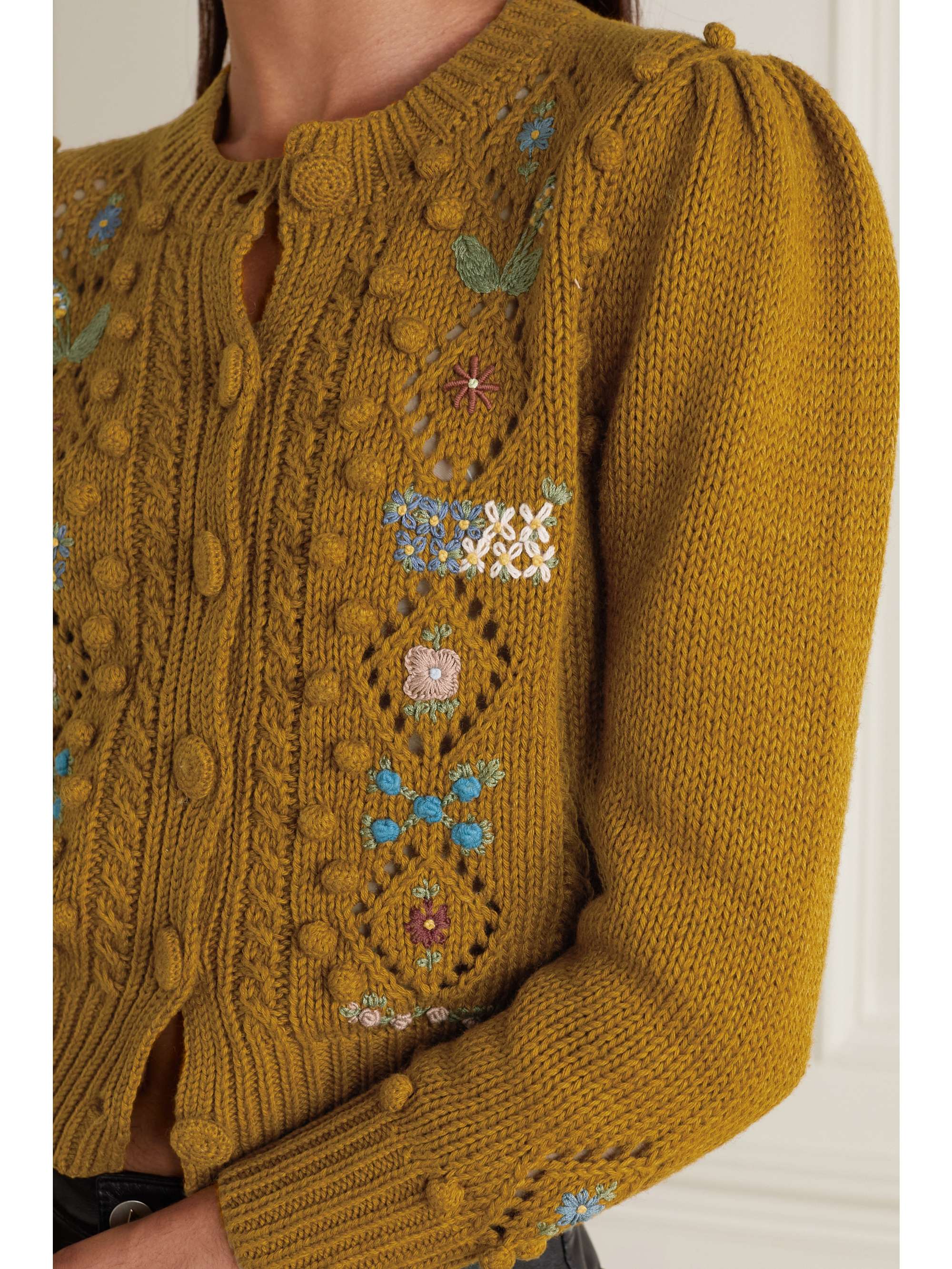 DÔEN + NET SUSTAIN Forget-Me-Not embroidered cable-knit organic cotton and wool-blend cardigan