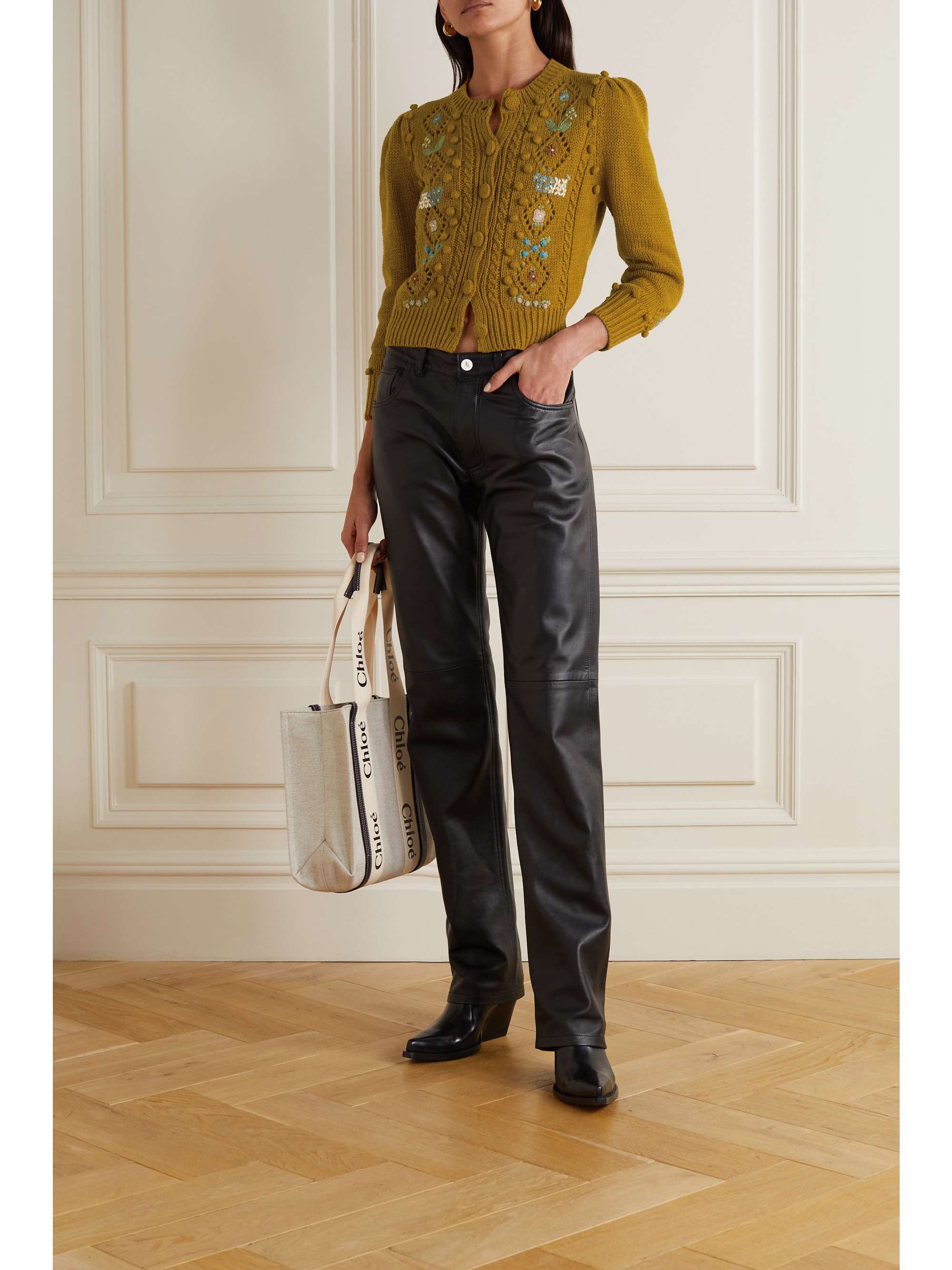 DÔEN + NET SUSTAIN Forget-Me-Not embroidered cable-knit organic cotton and wool-blend cardigan