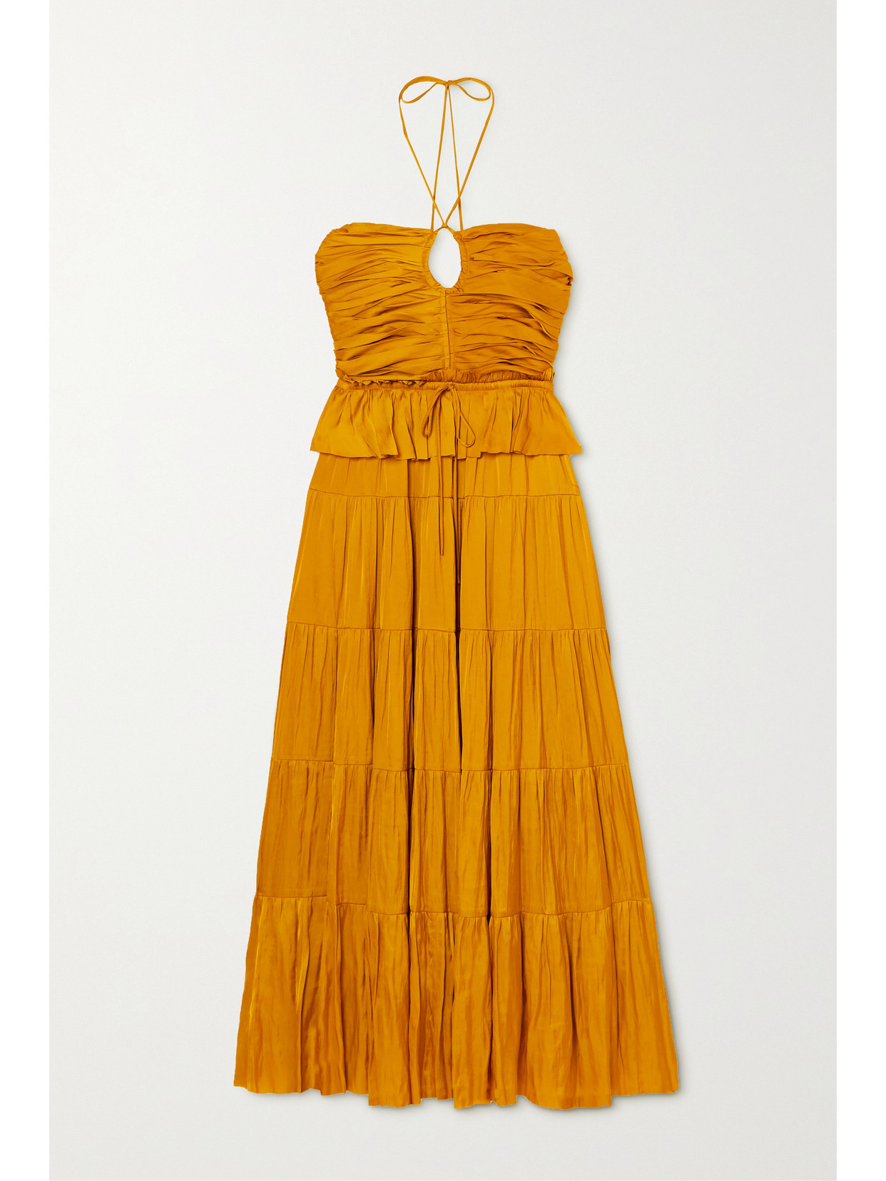 ULLA JOHNSON EVANTHE TIERED RUCHED SATIN HALTERNECK MIDI DRESS