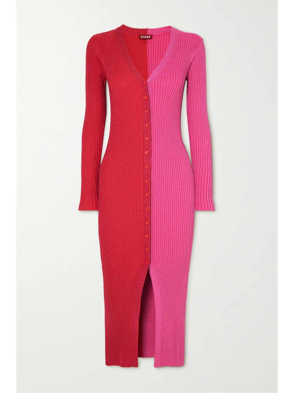 Staud Shoko Two-tone Ribbed Stretch-knit Cardigan In Pink