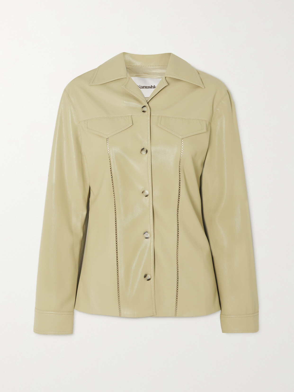Nanushka Ganit Crochet-trimmed Vegan Leather Shirt In Neutrals
