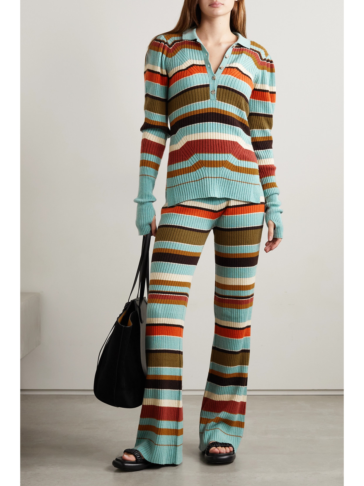 Shop Ulla Johnson Rochelle Striped Ribbed Wool And Cashmere-blend Flared Pants In Blue