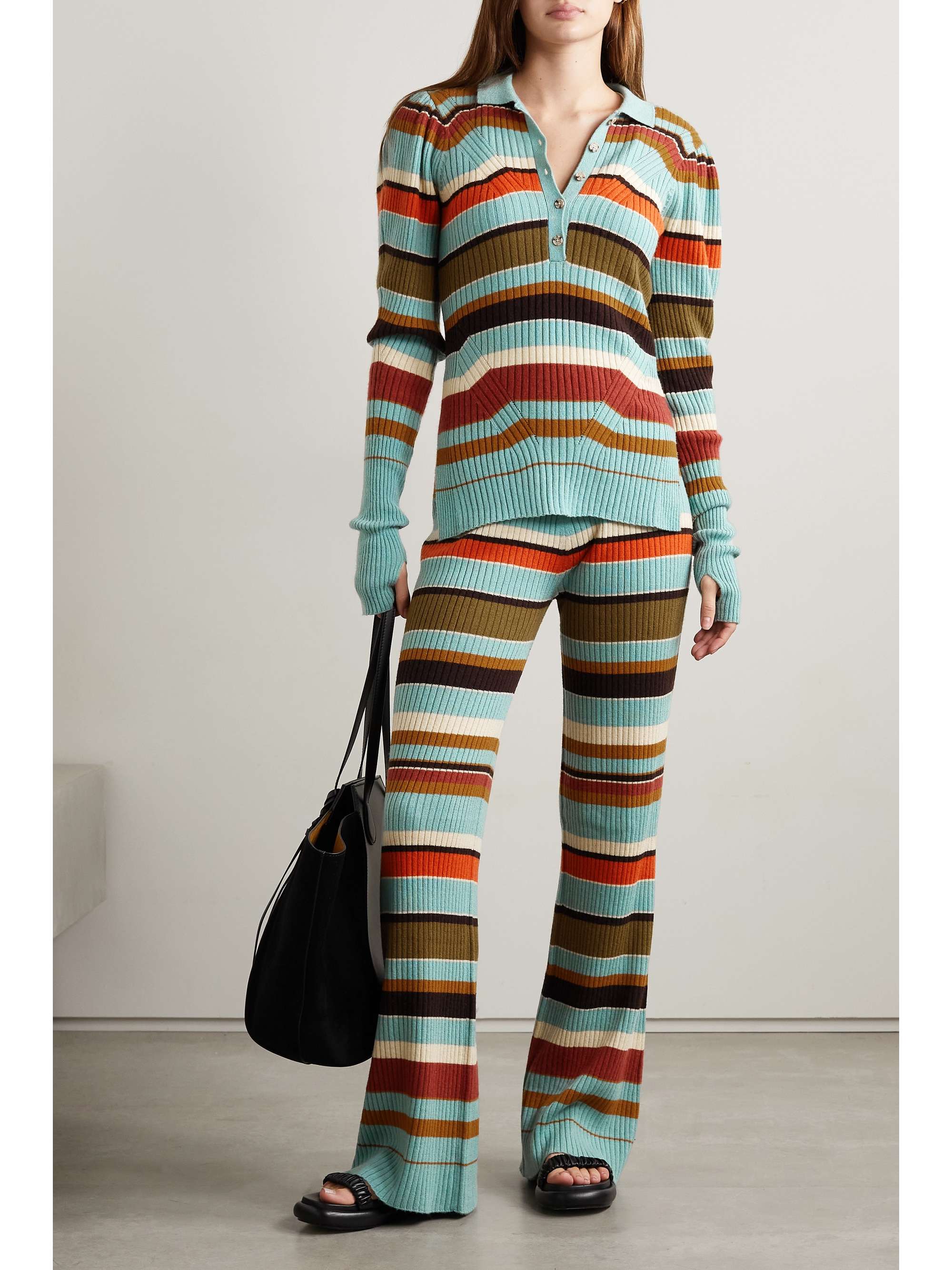 ULLA JOHNSON Rochelle striped ribbed wool and cashmere-blend flared pants