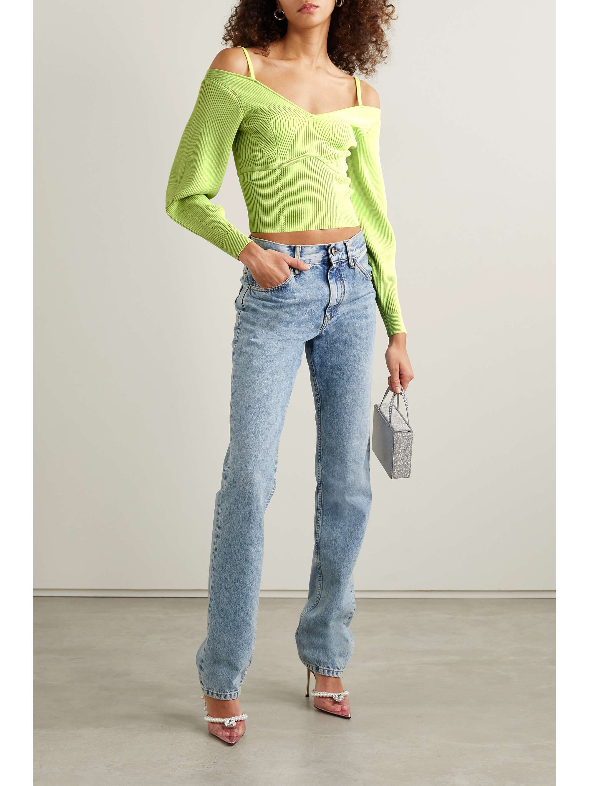 Cold-shoulder ribbed-knit top