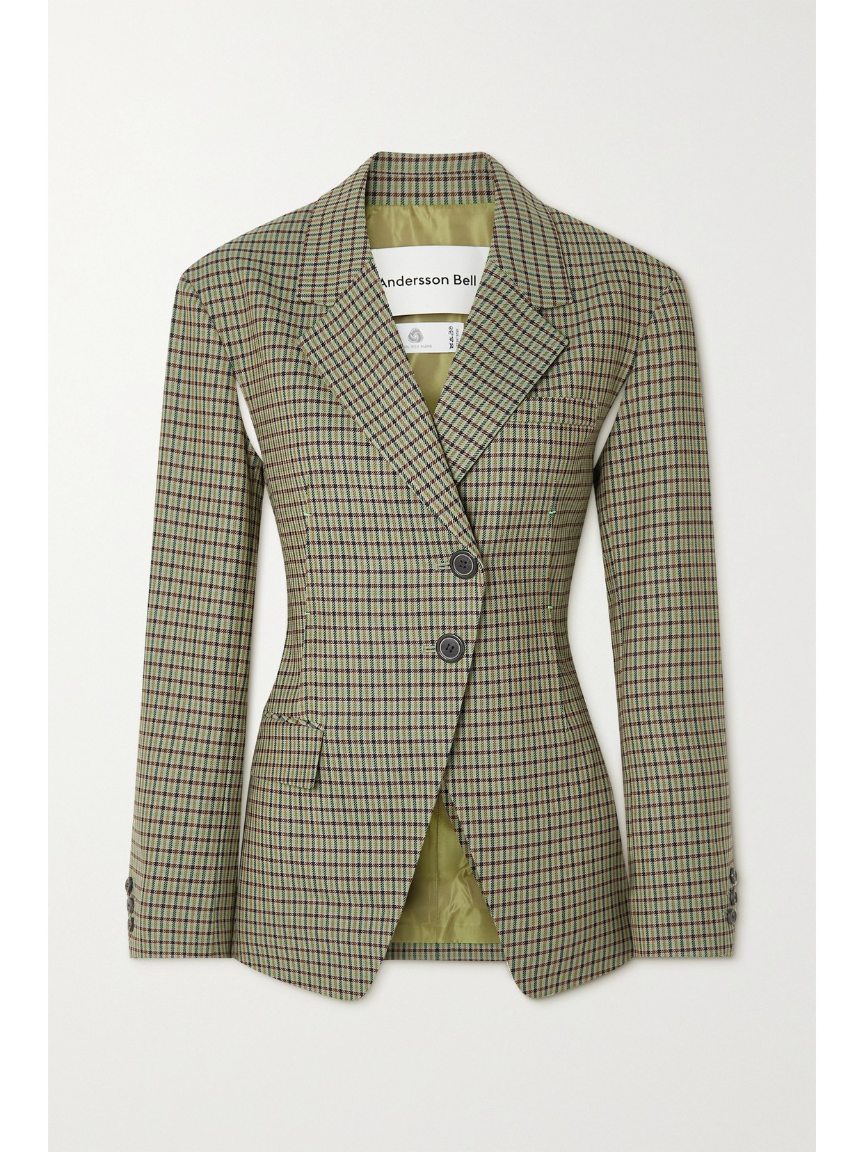Andersson Bell Celina Cutout Tie-detailed Checked Wool-blend Blazer In Green