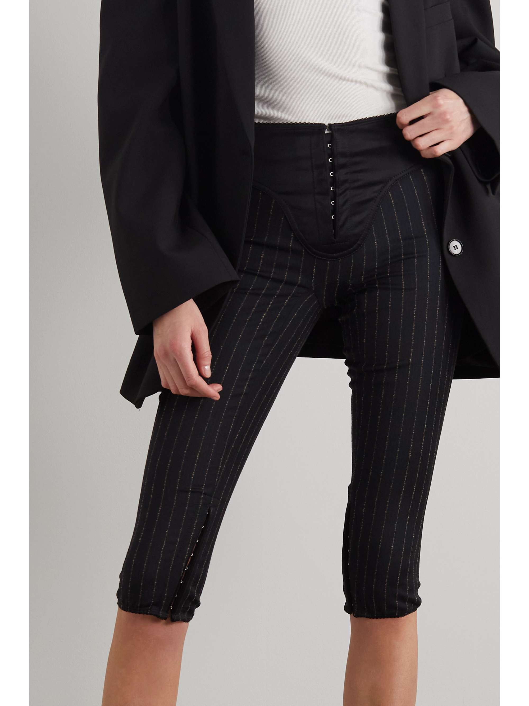 Black Satin-trimmed pinstriped 