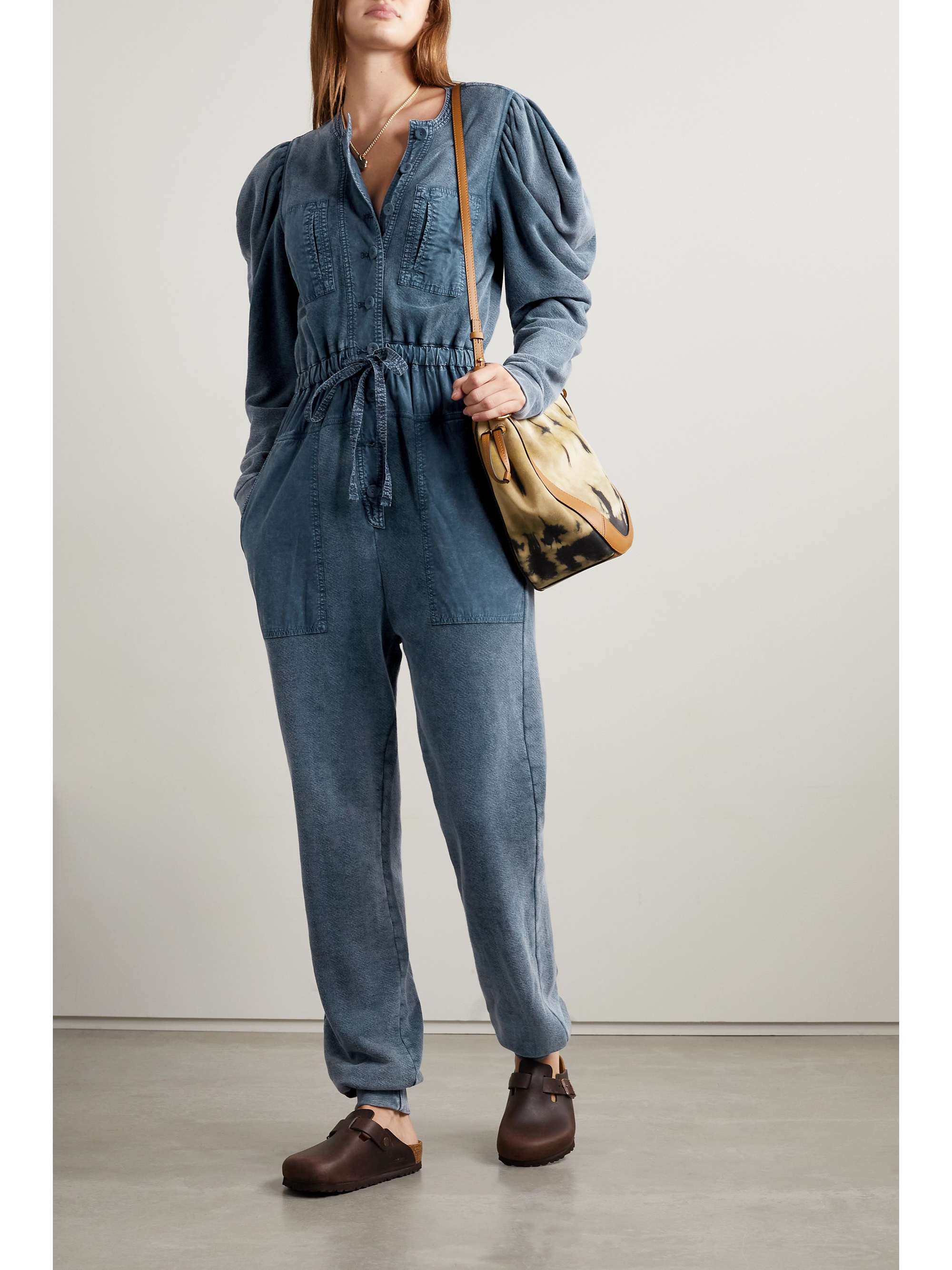 Tall Light Blue Wash Cargo Pocket Shoulder Pad Denim Jumpsuit