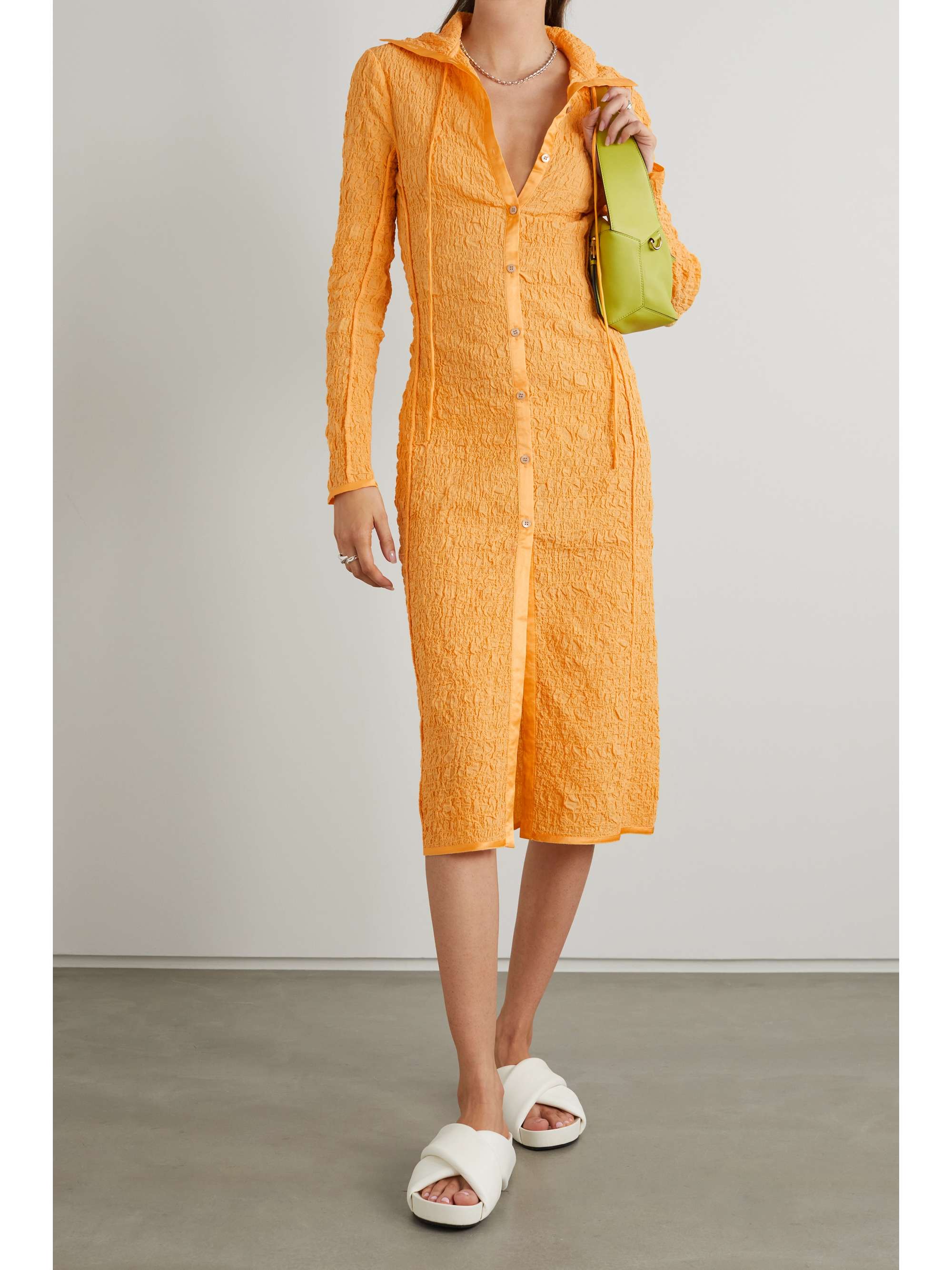 ACNE STUDIOS Satin-trimmed cotton-blend seersucker midi dress