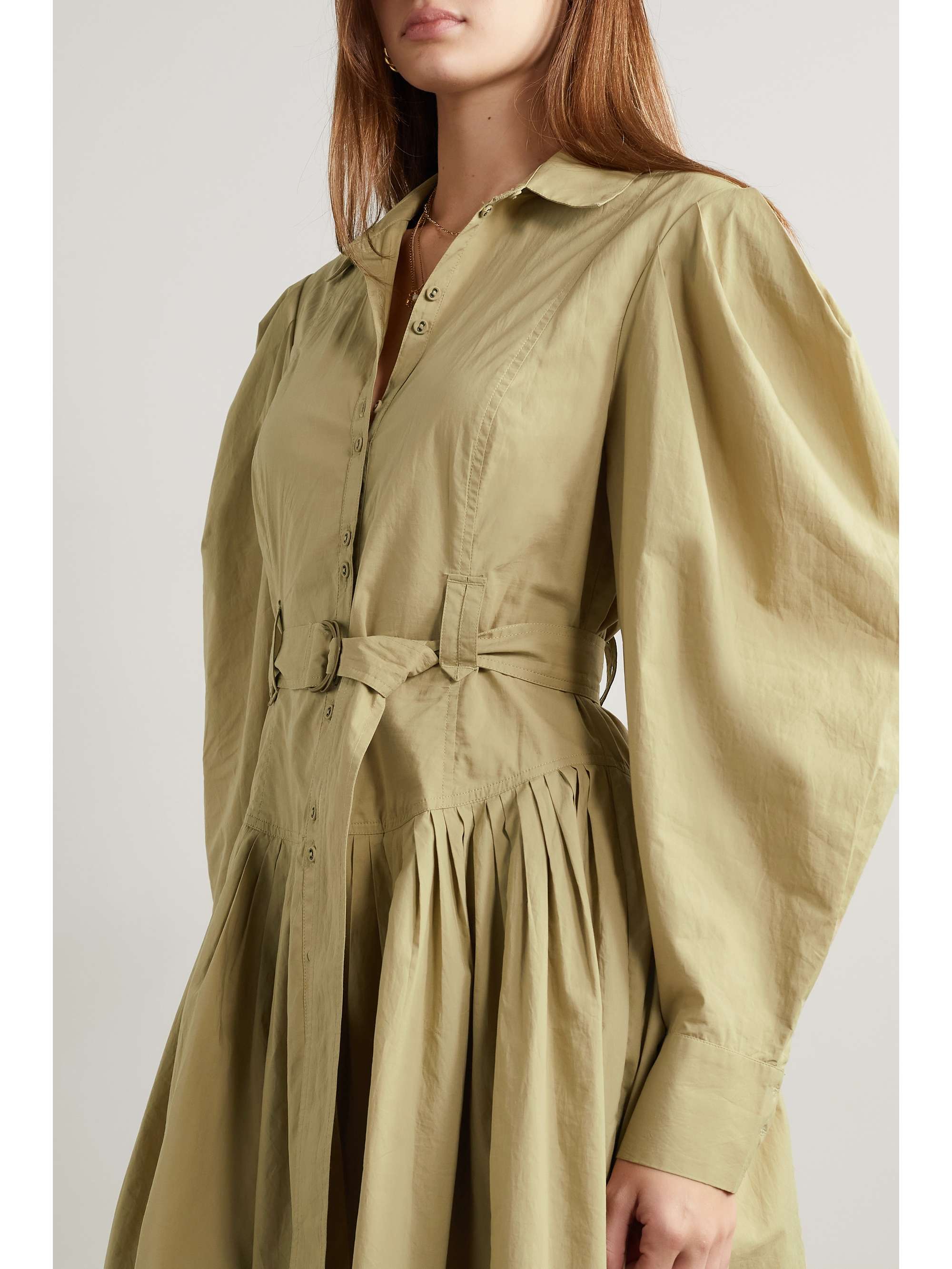 Sand Vivienne Belted Pleated Cotton poplin Mini Shirt Dress ULLA JOHNSON NET A PORTER