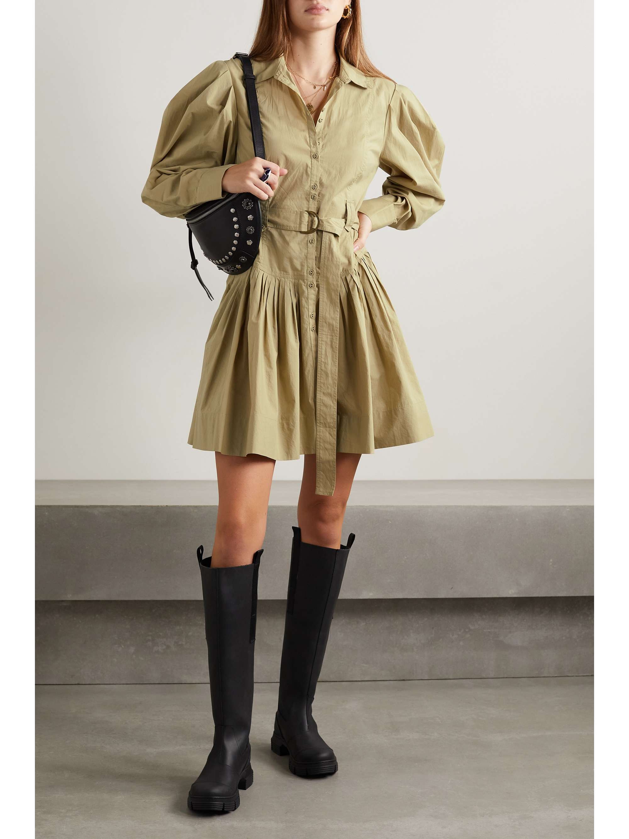 Sand Vivienne Belted Pleated Cotton poplin Mini Shirt Dress ULLA JOHNSON NET A PORTER