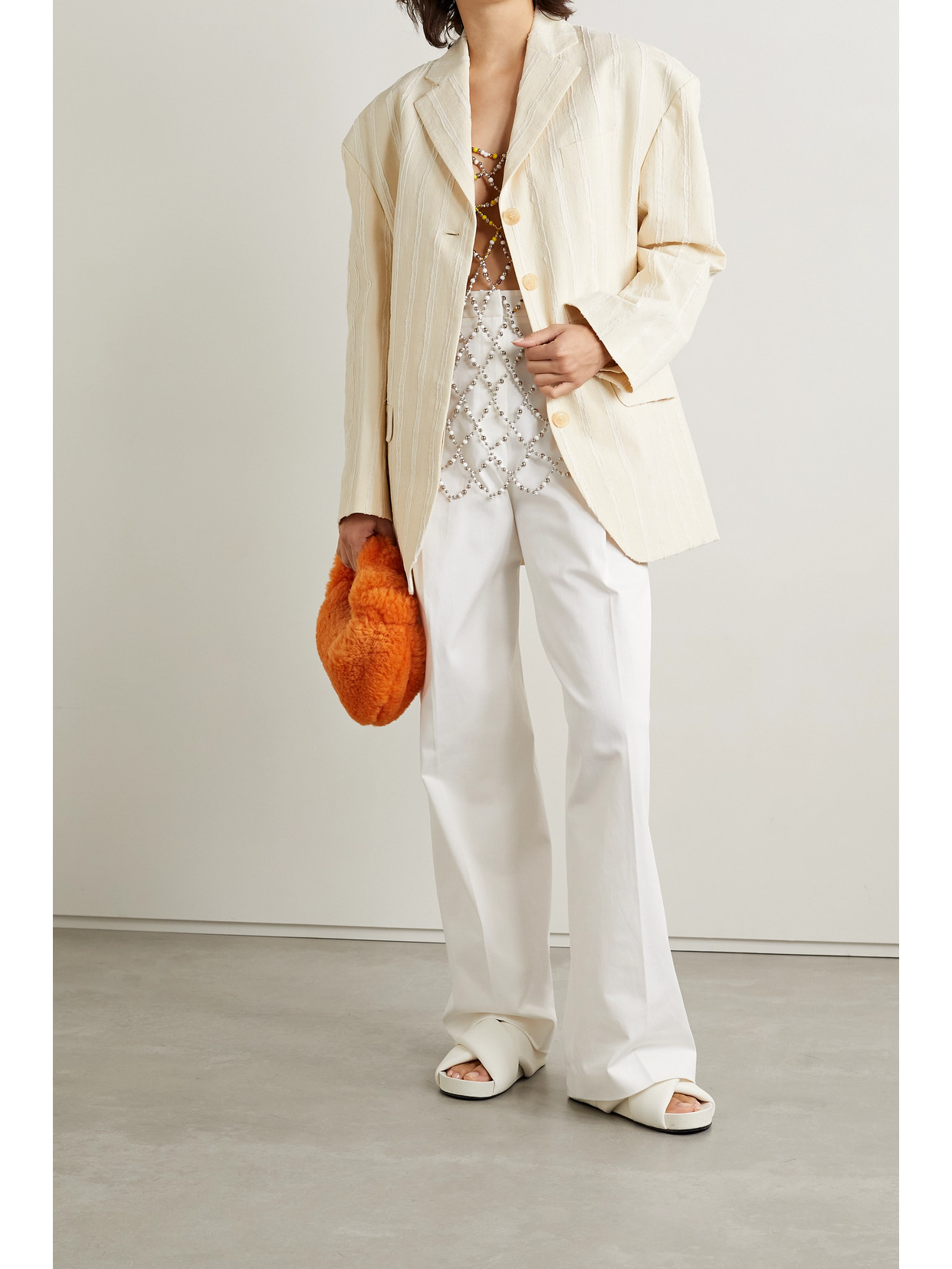Acne Studios Doppelreihiger Blazer Aus Einer Baumwollmischung Mit Fransen In Cream